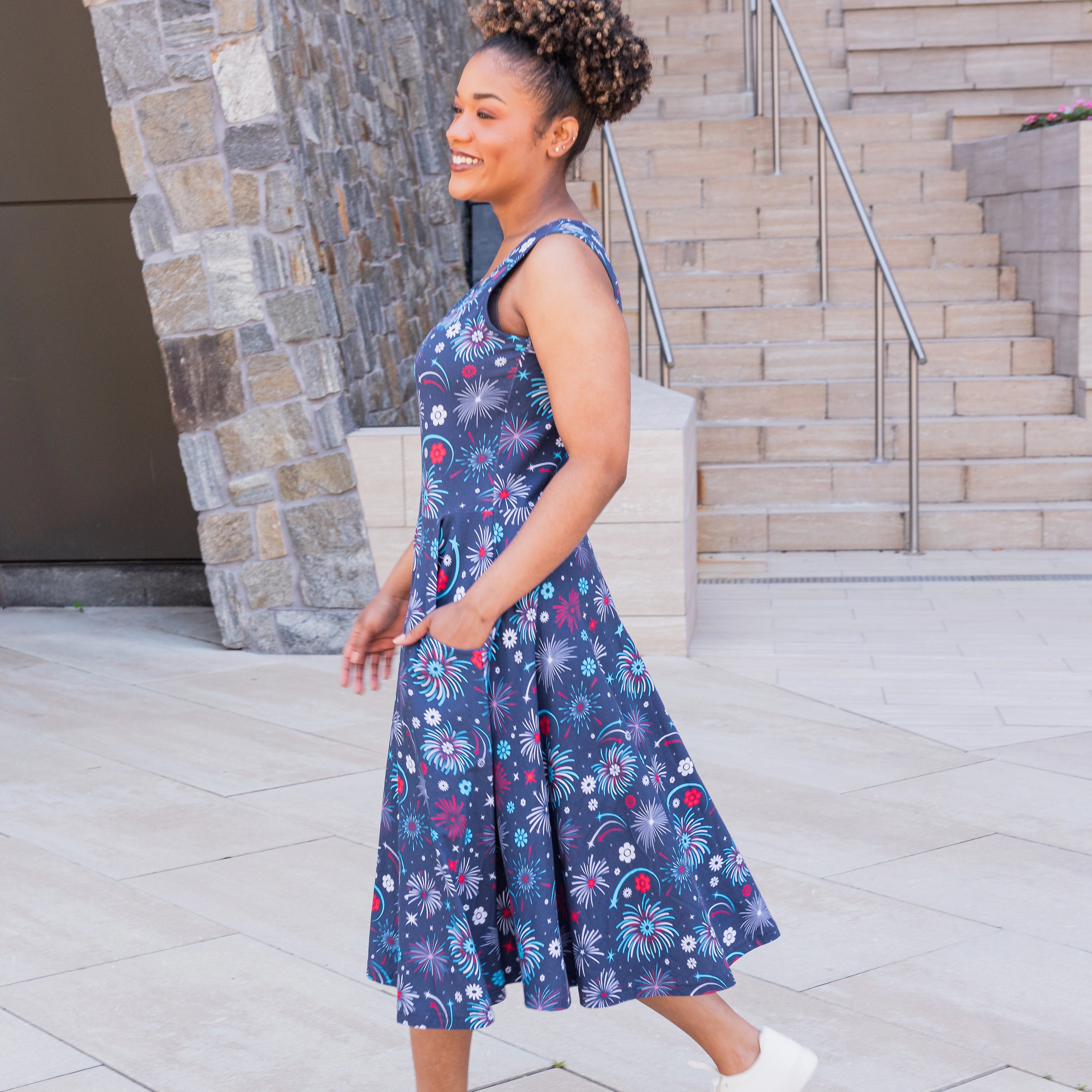 Floral Fireworks Sleeveless Twirl Dress with Pockets