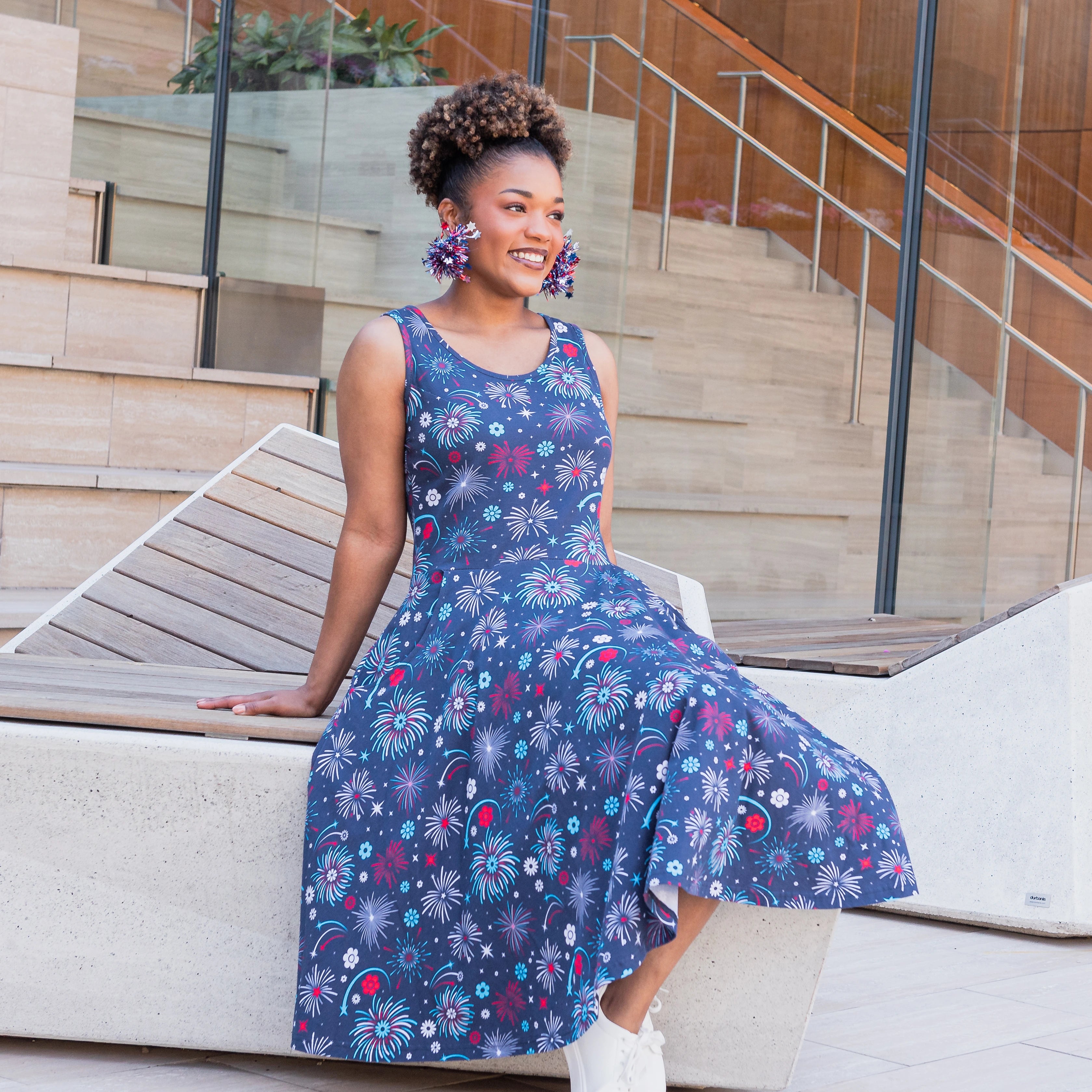 Floral Fireworks Sleeveless Twirl Dress with Pockets