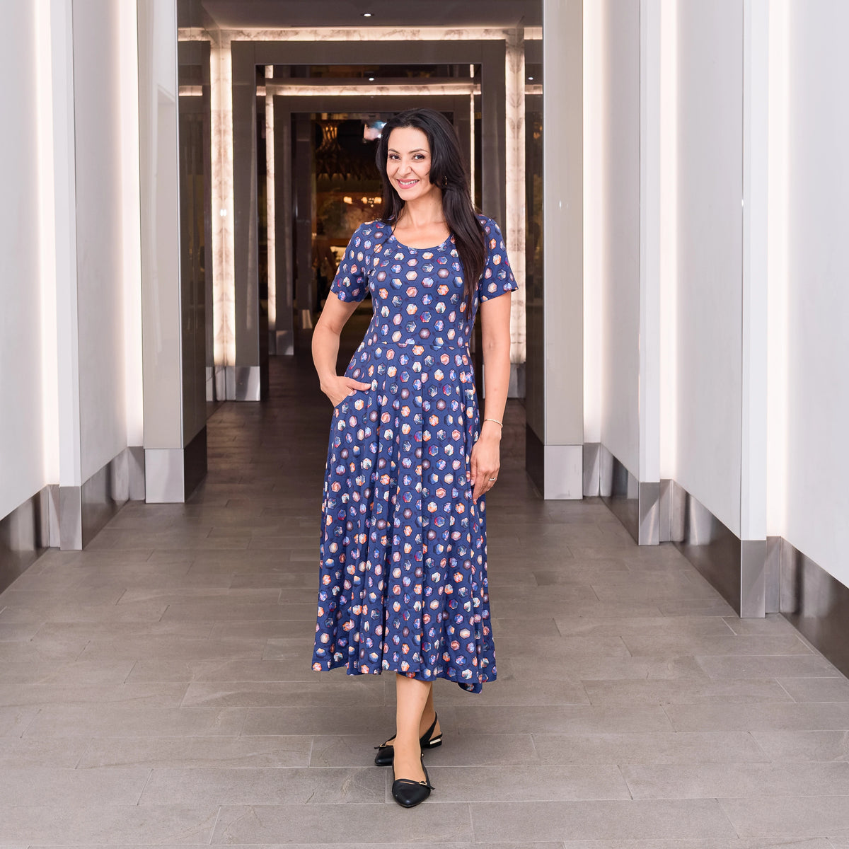 Galaxies Midi Twirl Dress with Pockets