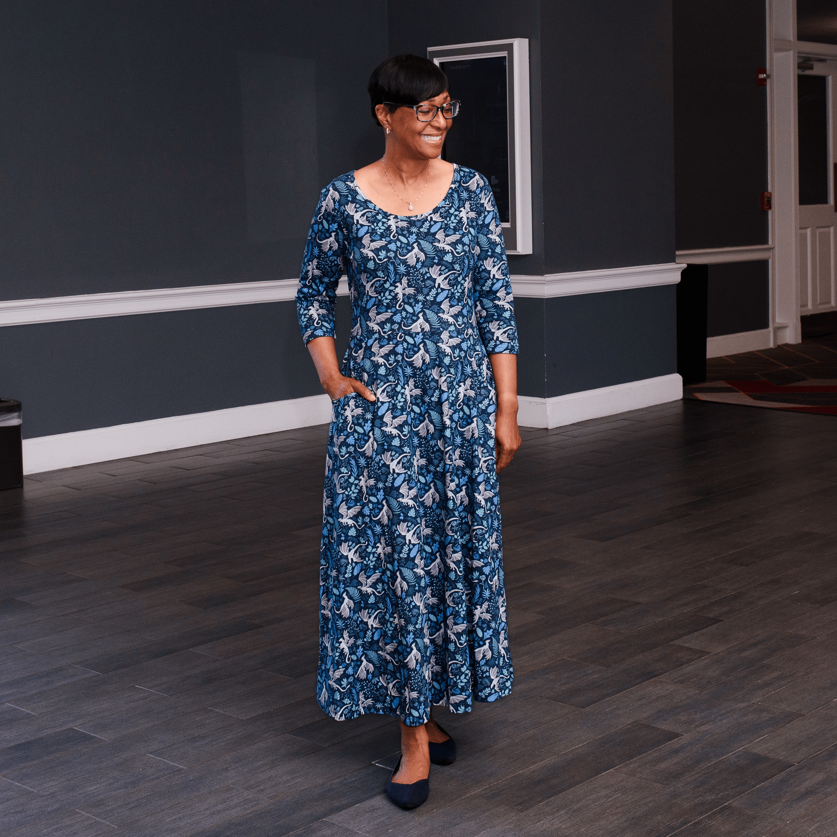 Garden of Dragons Midi Fit & Flare Dress with Pockets
