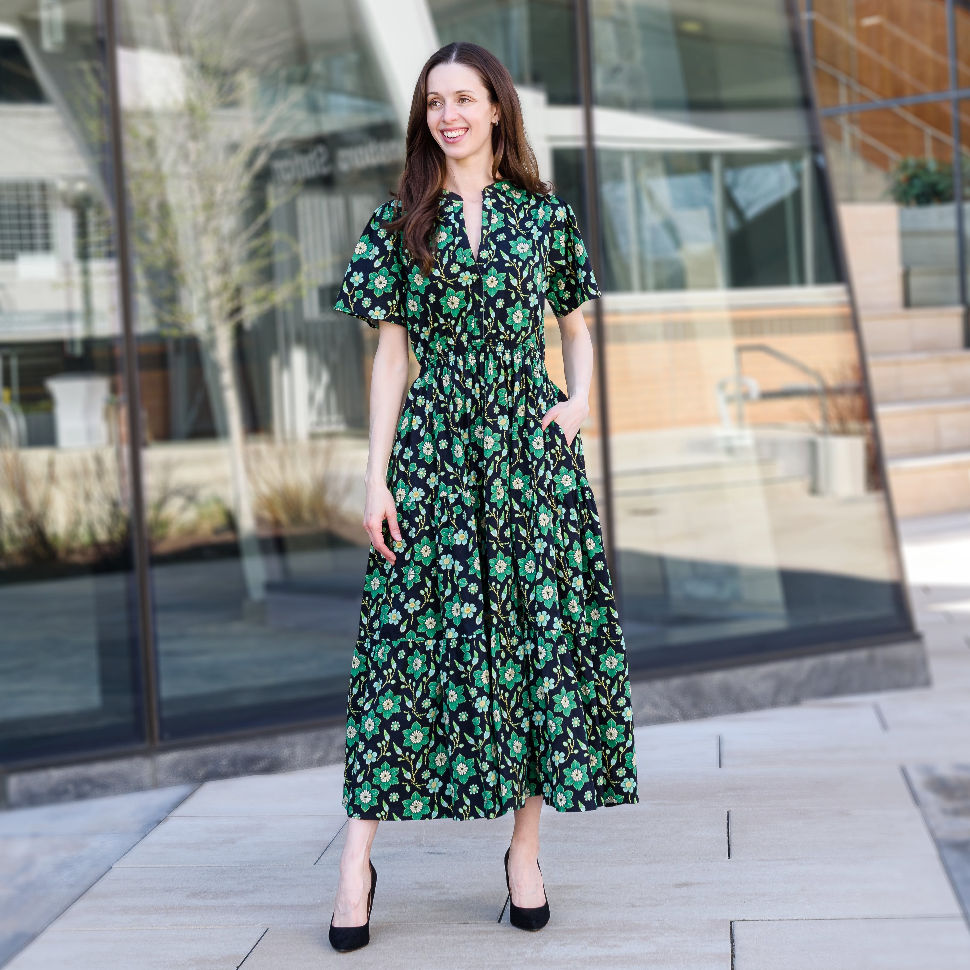 Green Floral Long Midi Woven Dress with Pockets