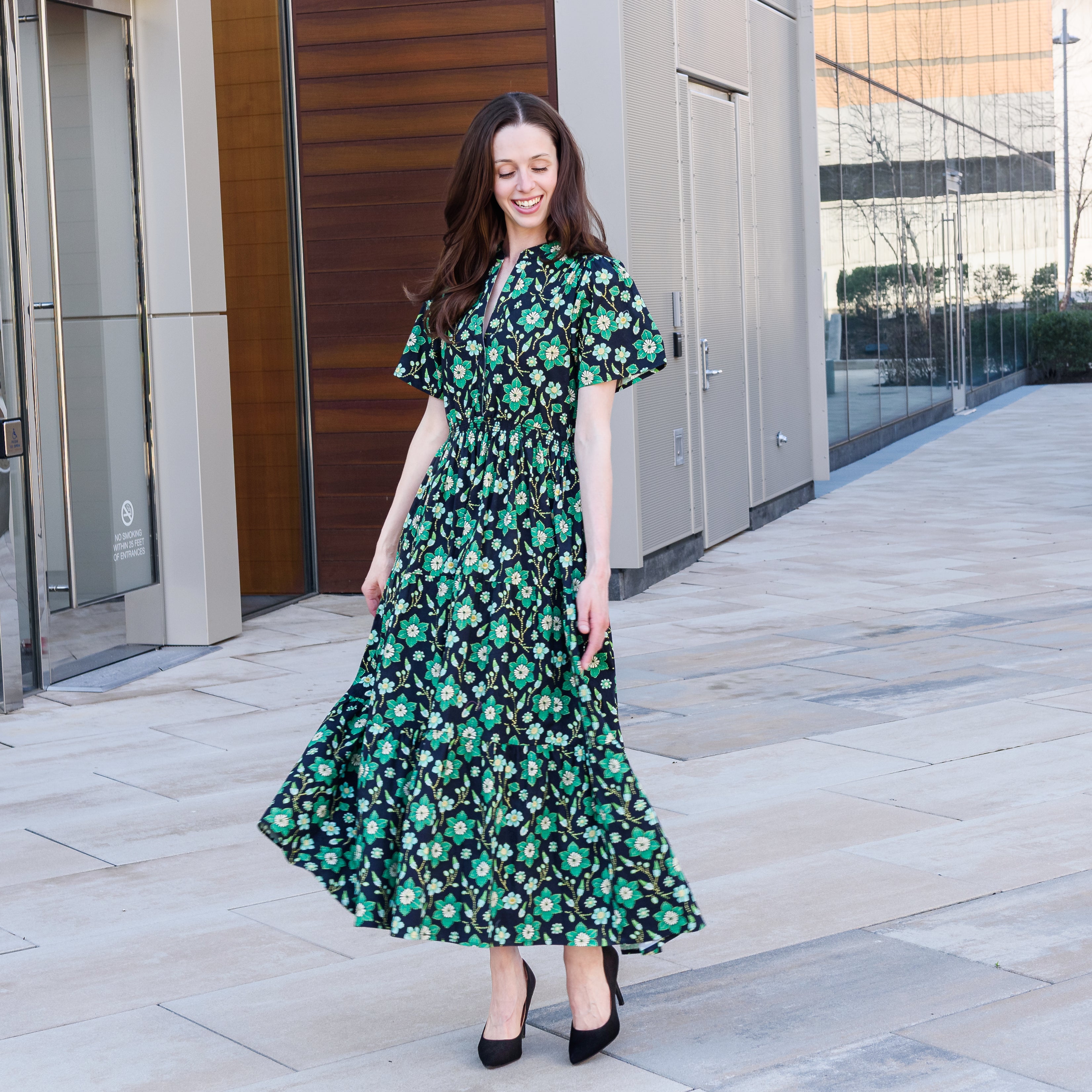 Green Floral Long Midi Woven Dress with Pockets