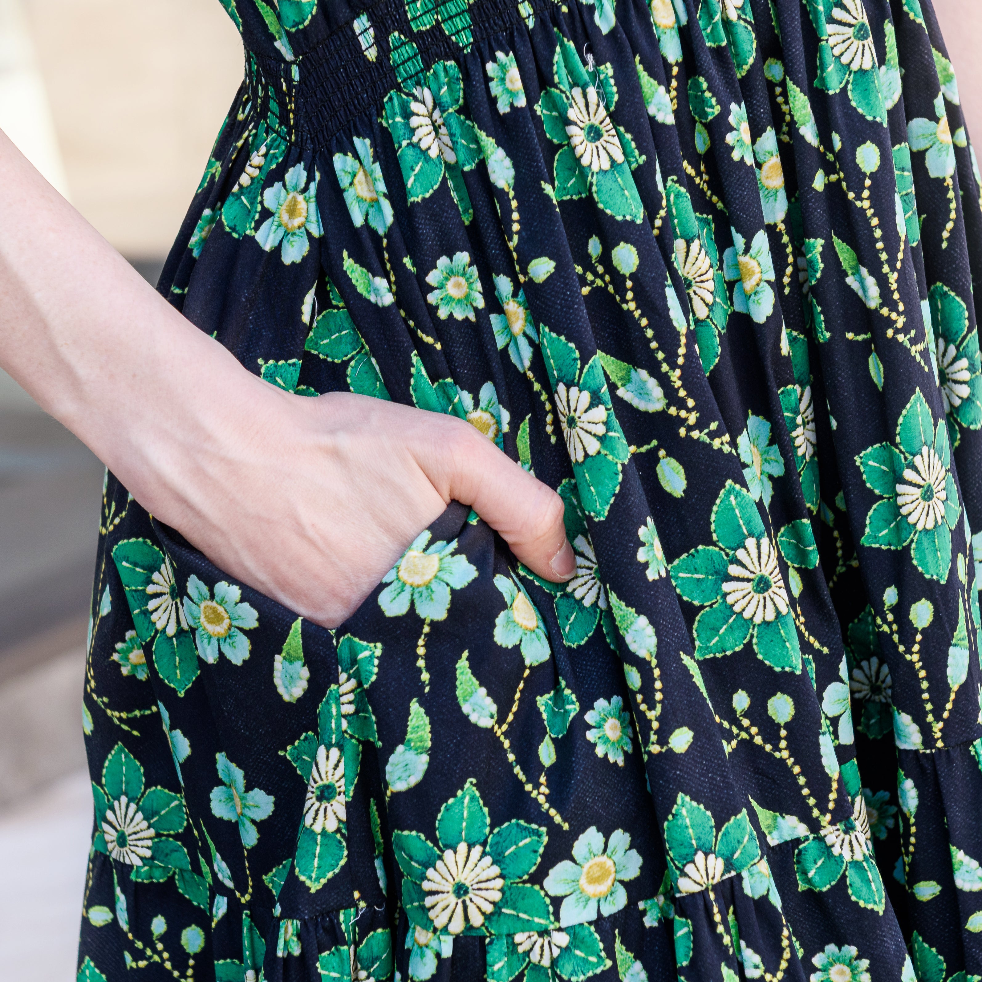 Green Floral Long Midi Woven Dress with Pockets