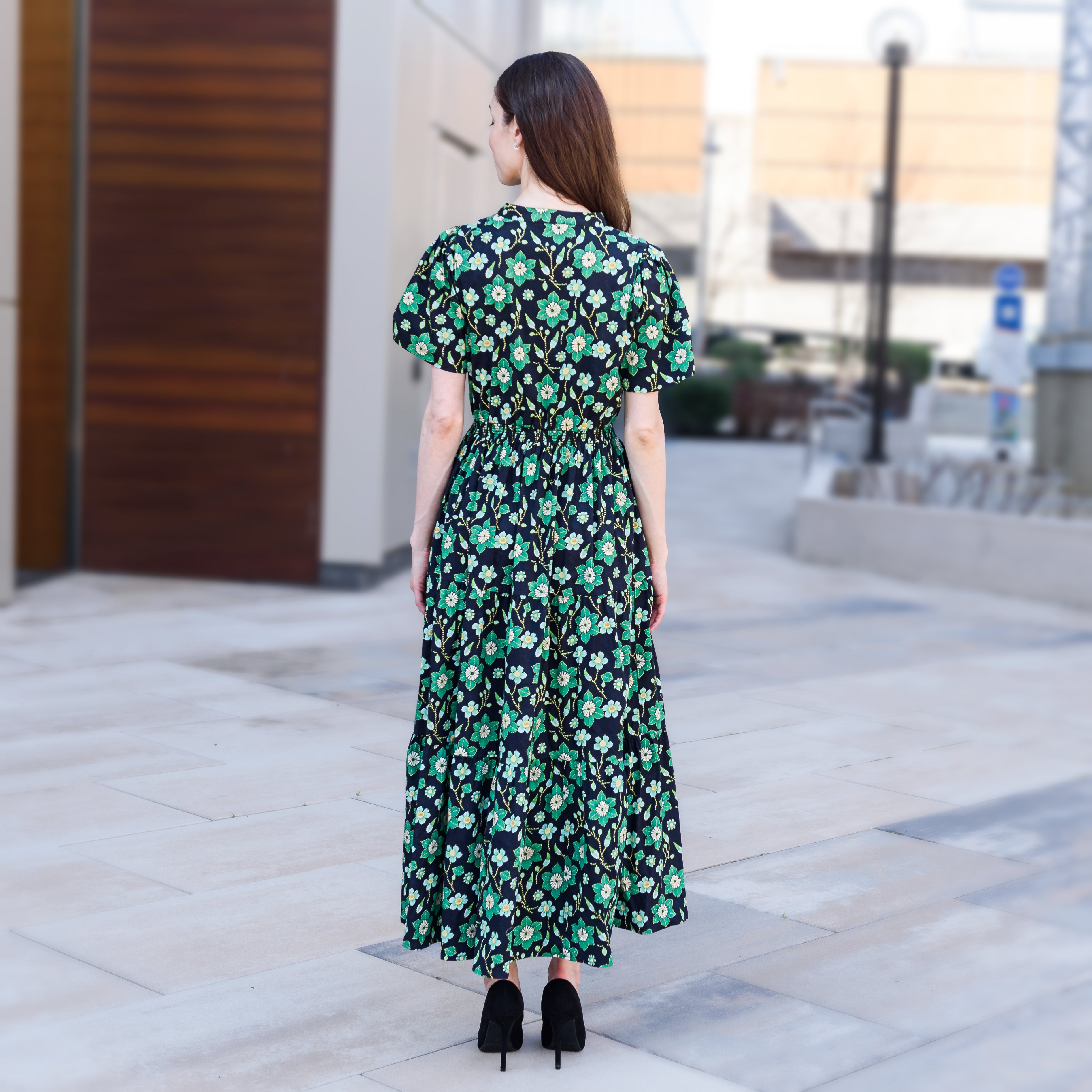 Green Floral Long Midi Woven Dress with Pockets
