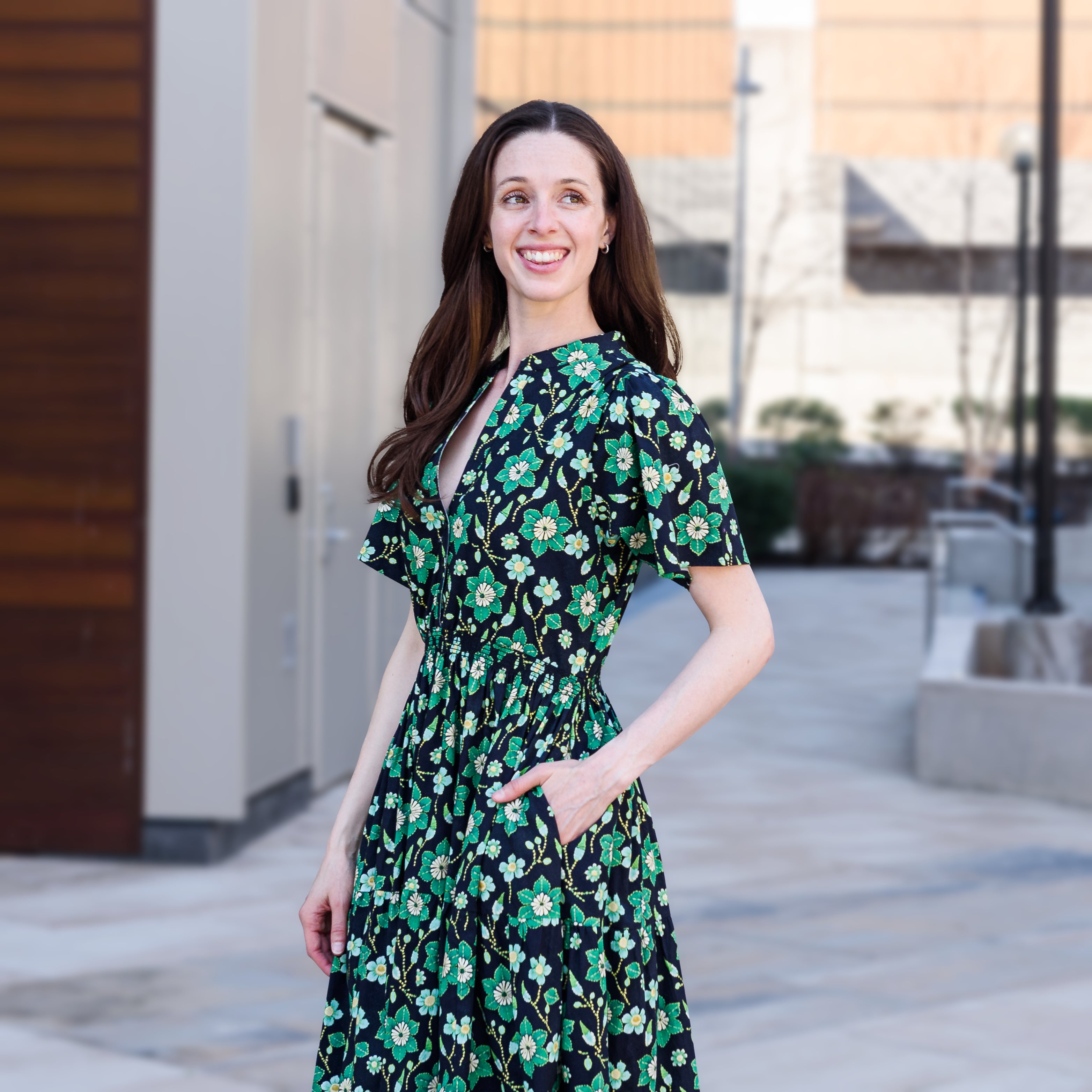 Green Floral Long Midi Woven Dress with Pockets