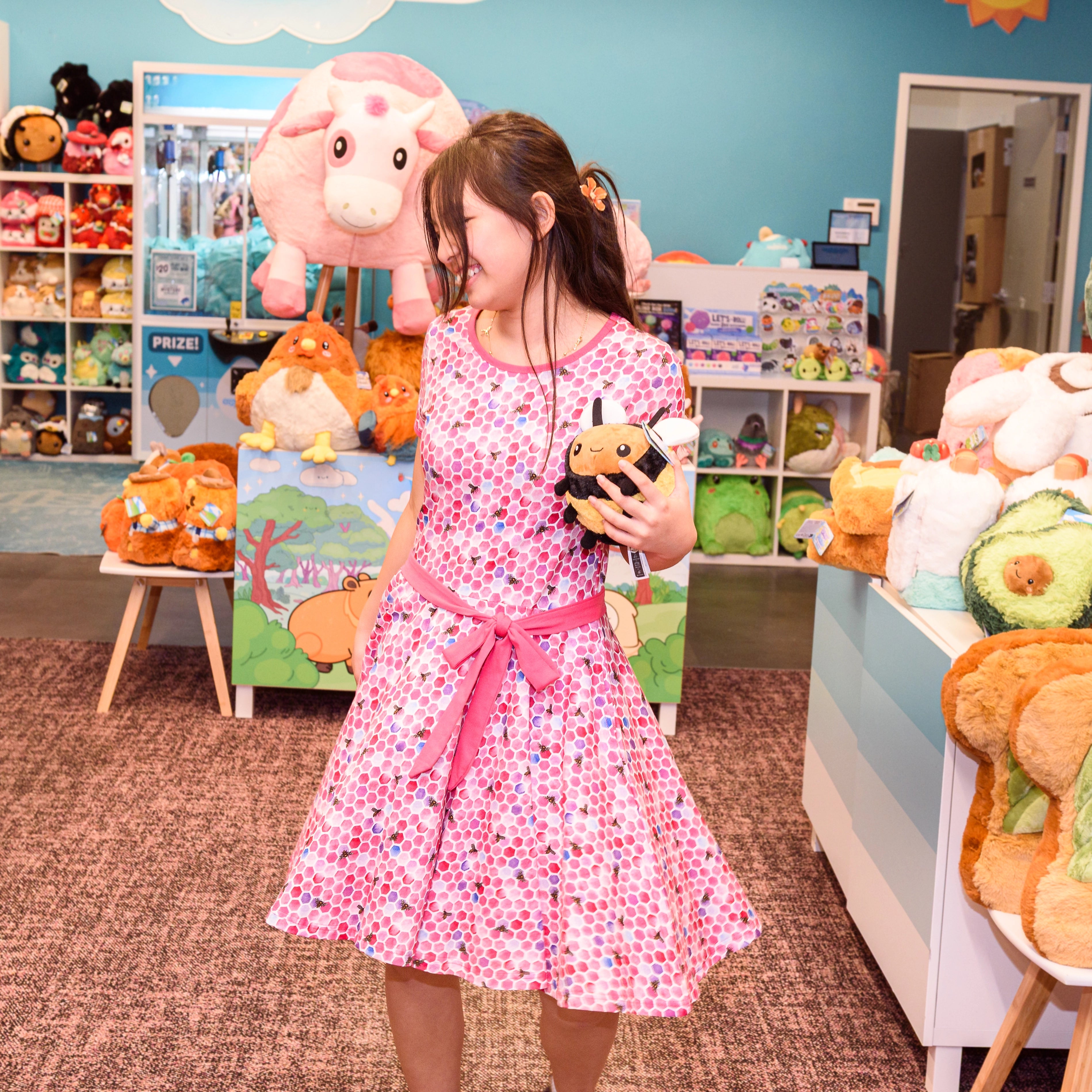 Rosy Honeycomb Kids Twirl Dress with Pockets