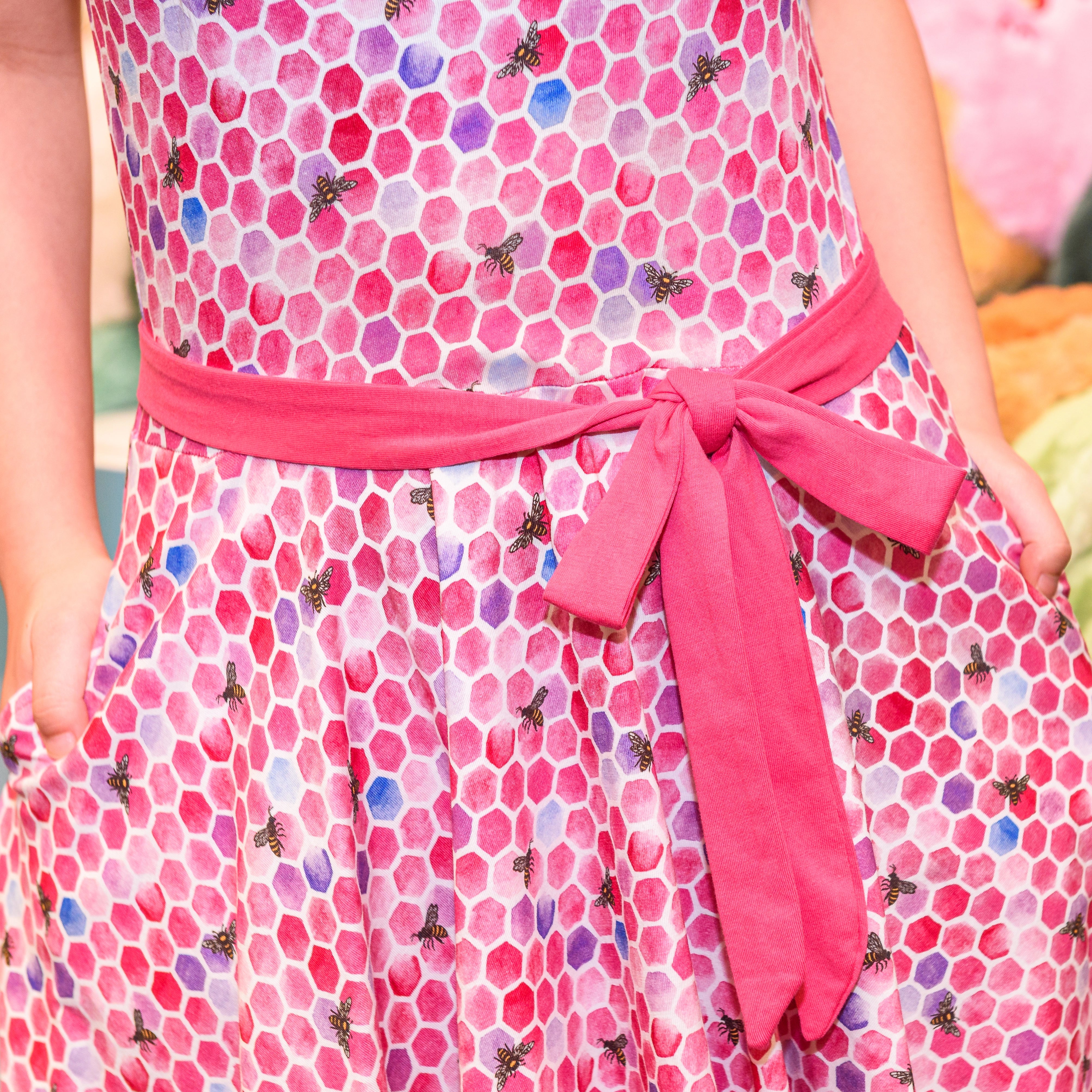 Rosy Honeycomb Kids Twirl Dress with Pockets