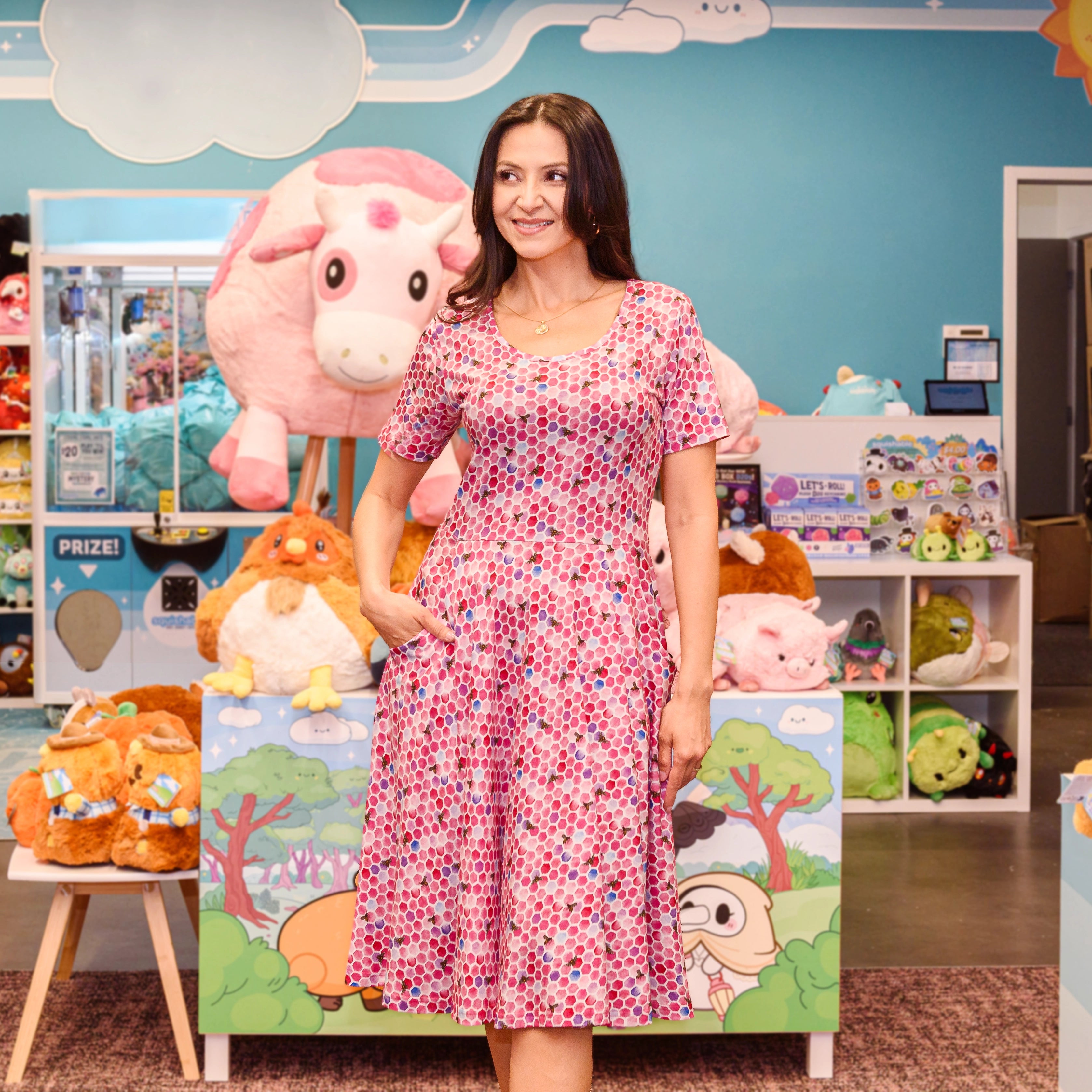 Rosy Honeycomb Twirl Dress with Pockets