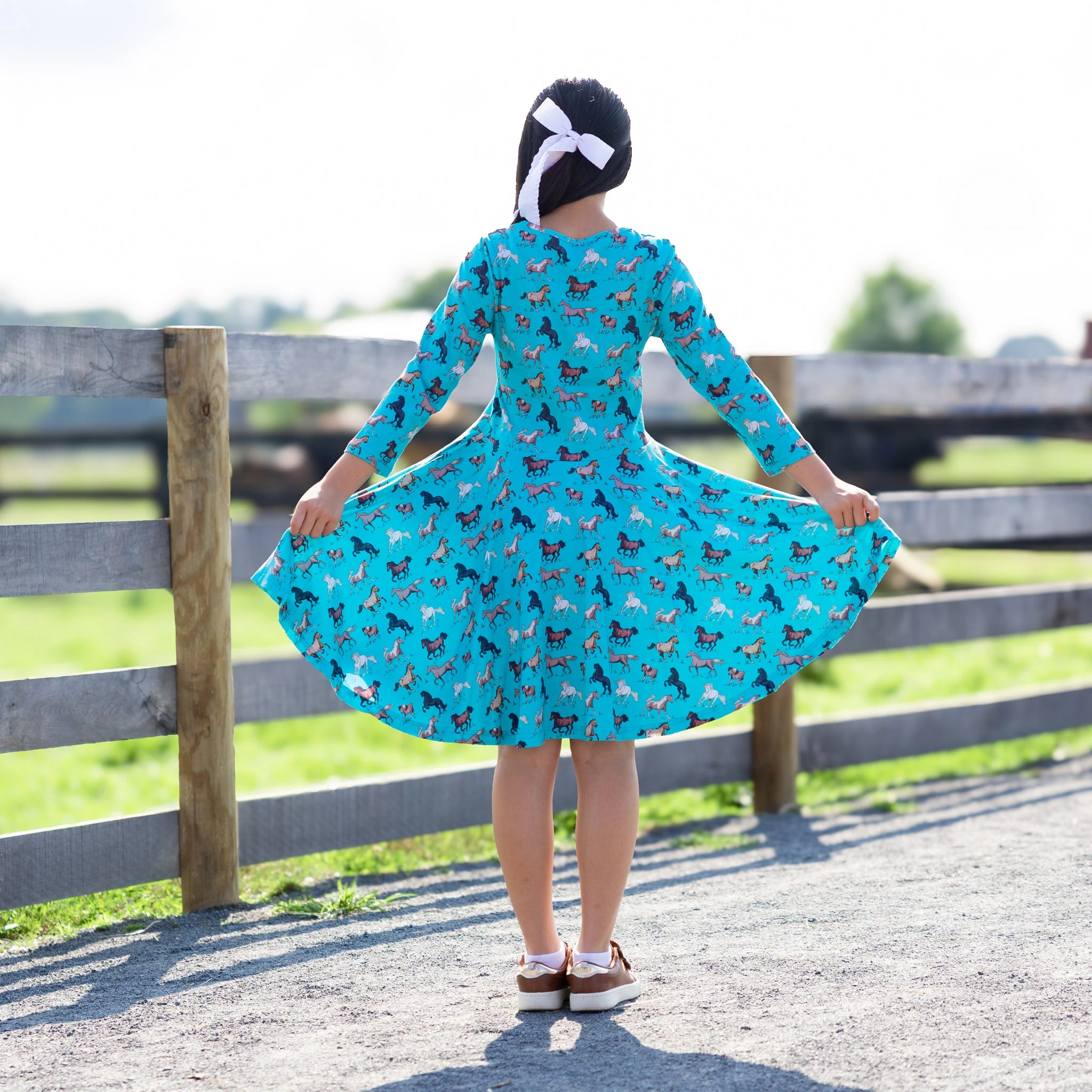 Horsing Around 3/4th Sleeves Kids Twirl Dress