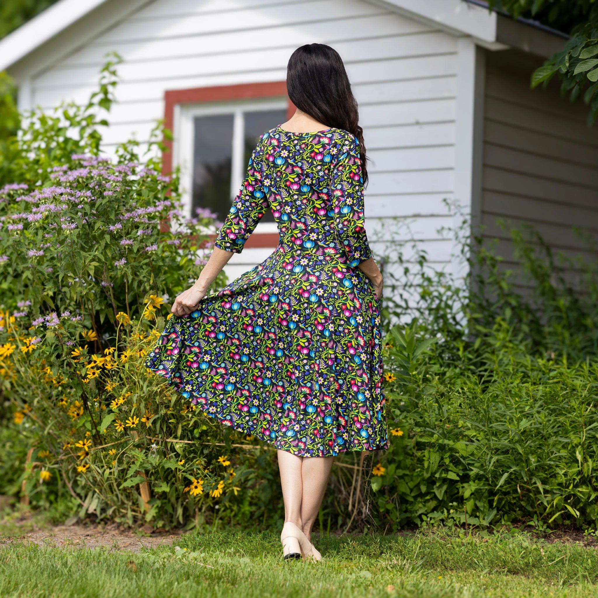 Hummingbird Paradise 3/4th Sleeves Twirl Dress