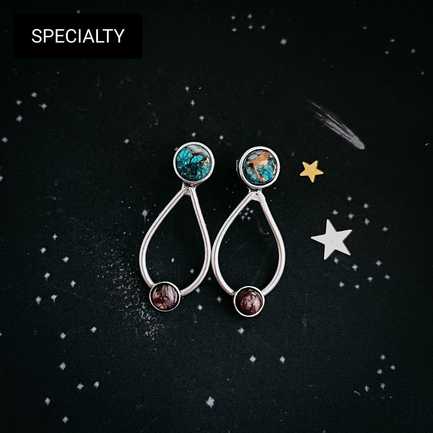Journey to Mars Stud Earrings - Copper Chrysocolla Earth and Red Jasper Moon