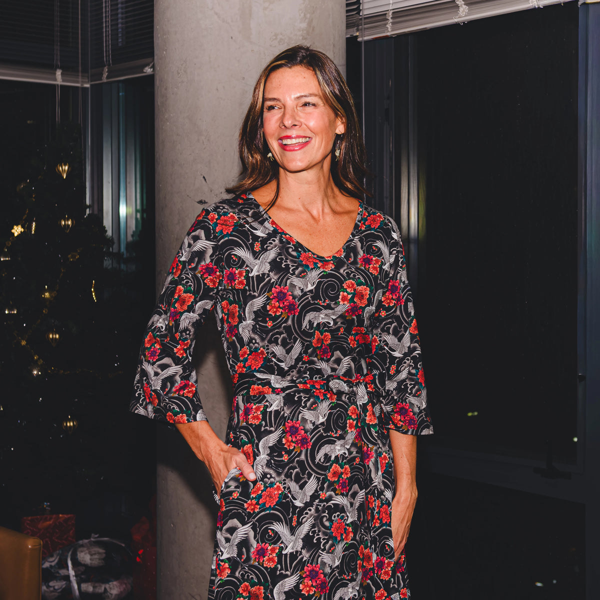 Imperial Crane Garden Midi Dress with Pockets