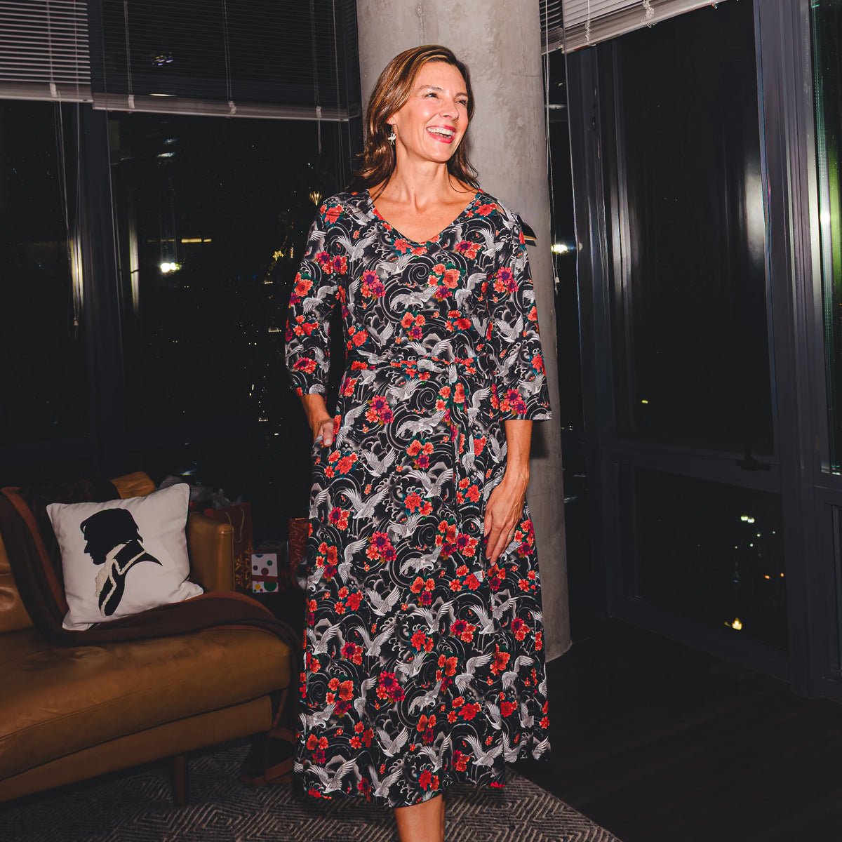 Imperial Crane Garden Midi Dress with Pockets
