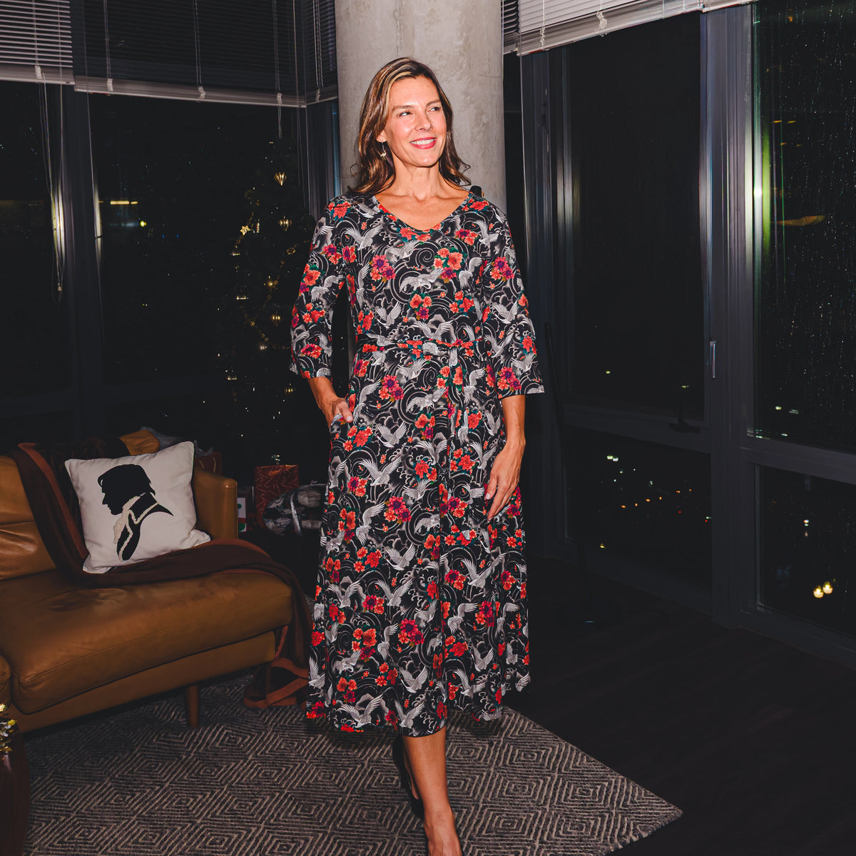 Imperial Crane Garden Midi Dress with Pockets