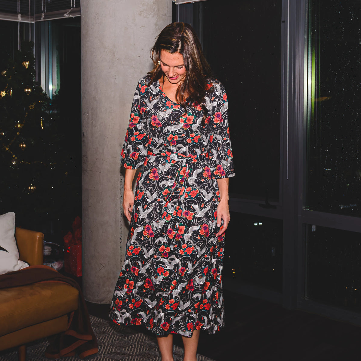 Imperial Crane Garden Midi Dress with Pockets