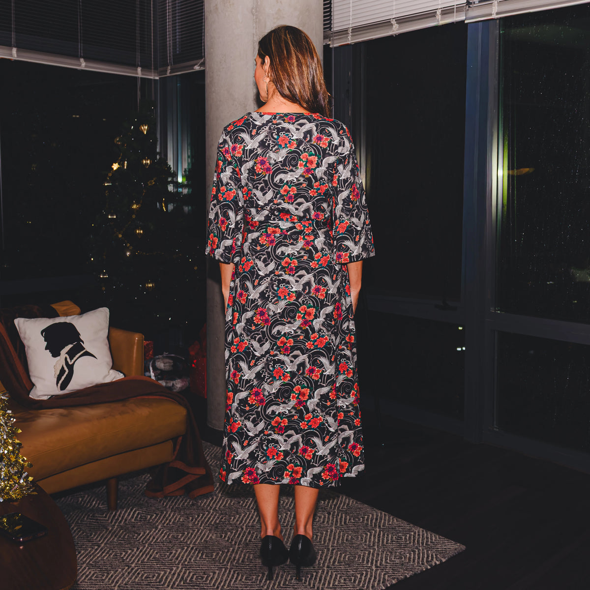 Imperial Crane Garden Midi Dress with Pockets