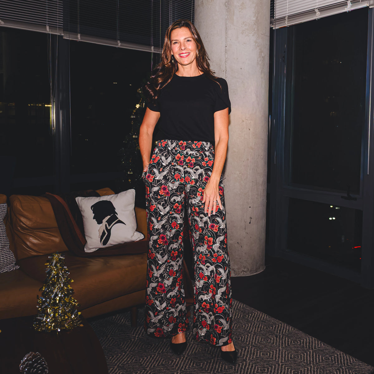 Imperial Crane Garden Palazzo Pants with Pockets