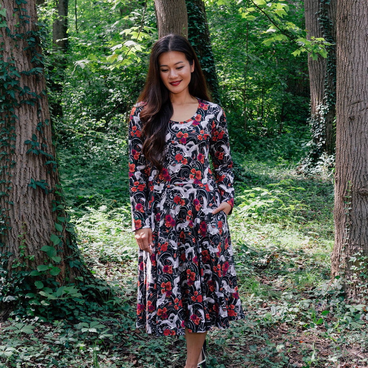 Imperial Crane Garden Twirl Dress with Pockets