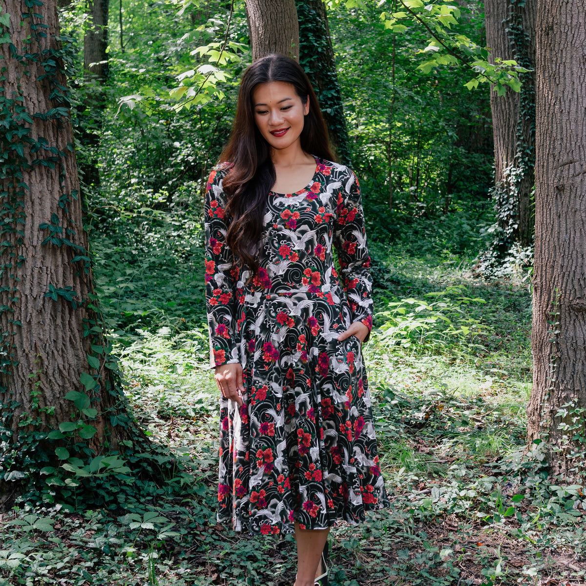 Imperial Crane Garden Twirl Dress with Pockets