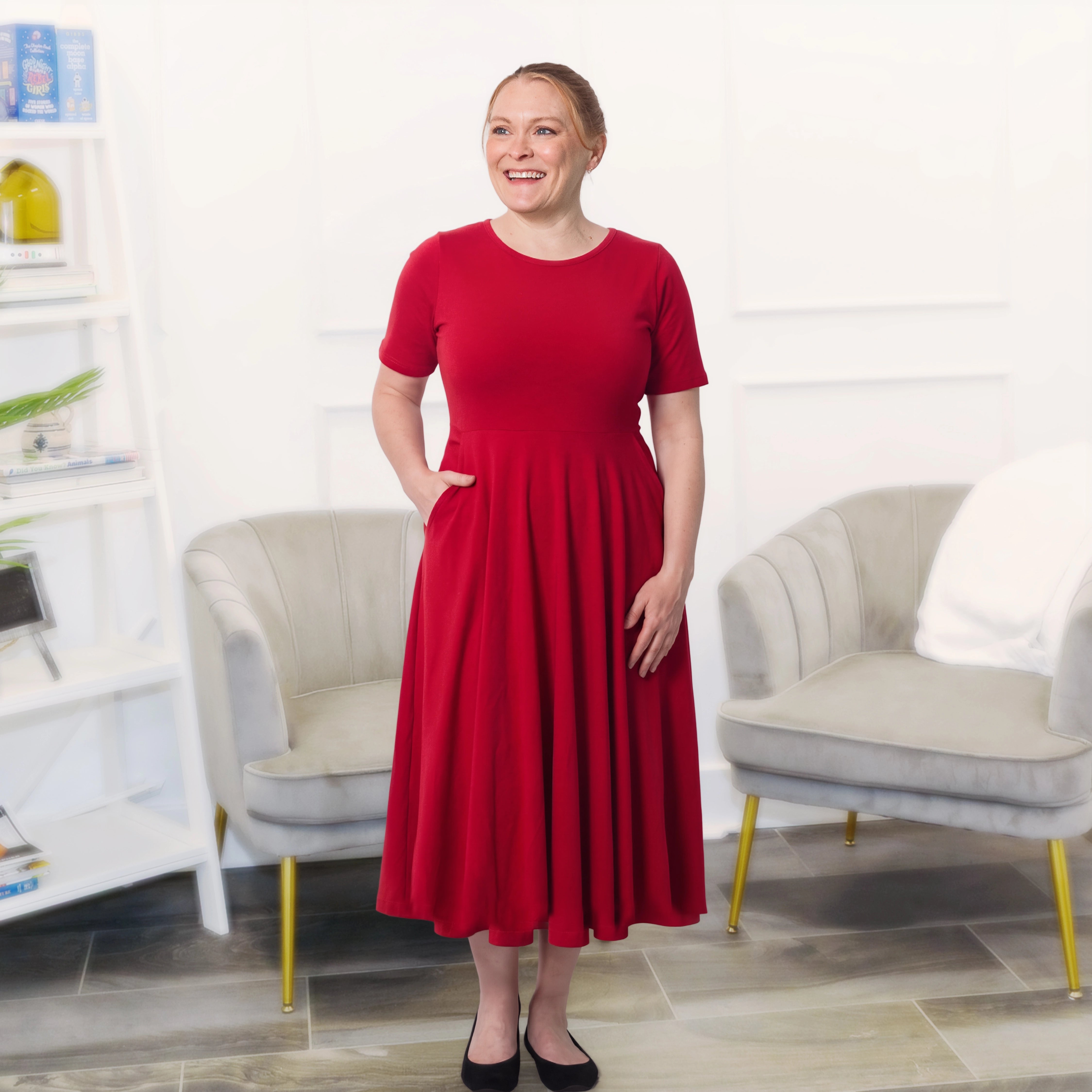 Lava Falls Red Petite Midi Twirl Dress with Pockets