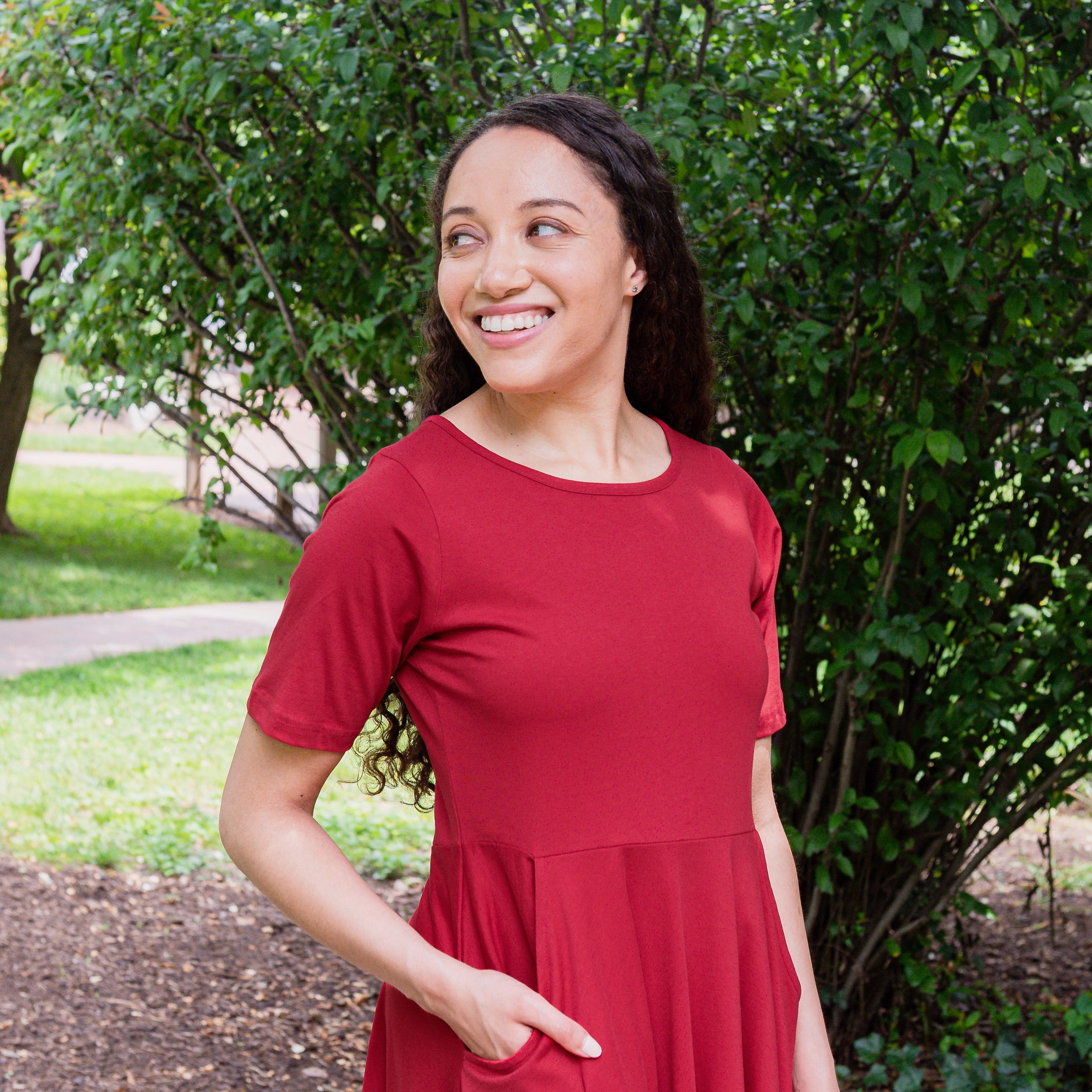Lava Falls Red Petite Midi Twirl Dress with Pockets