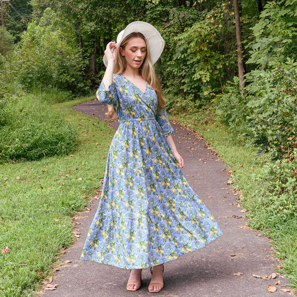 Lemon Riviera Faux Wrap Dress with Pockets
