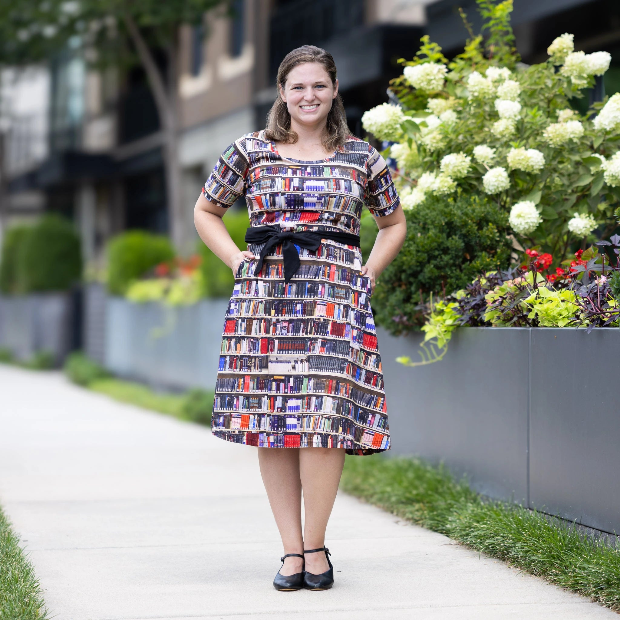 Library Shelves Belted A-Line Dress (No Waist Seam)