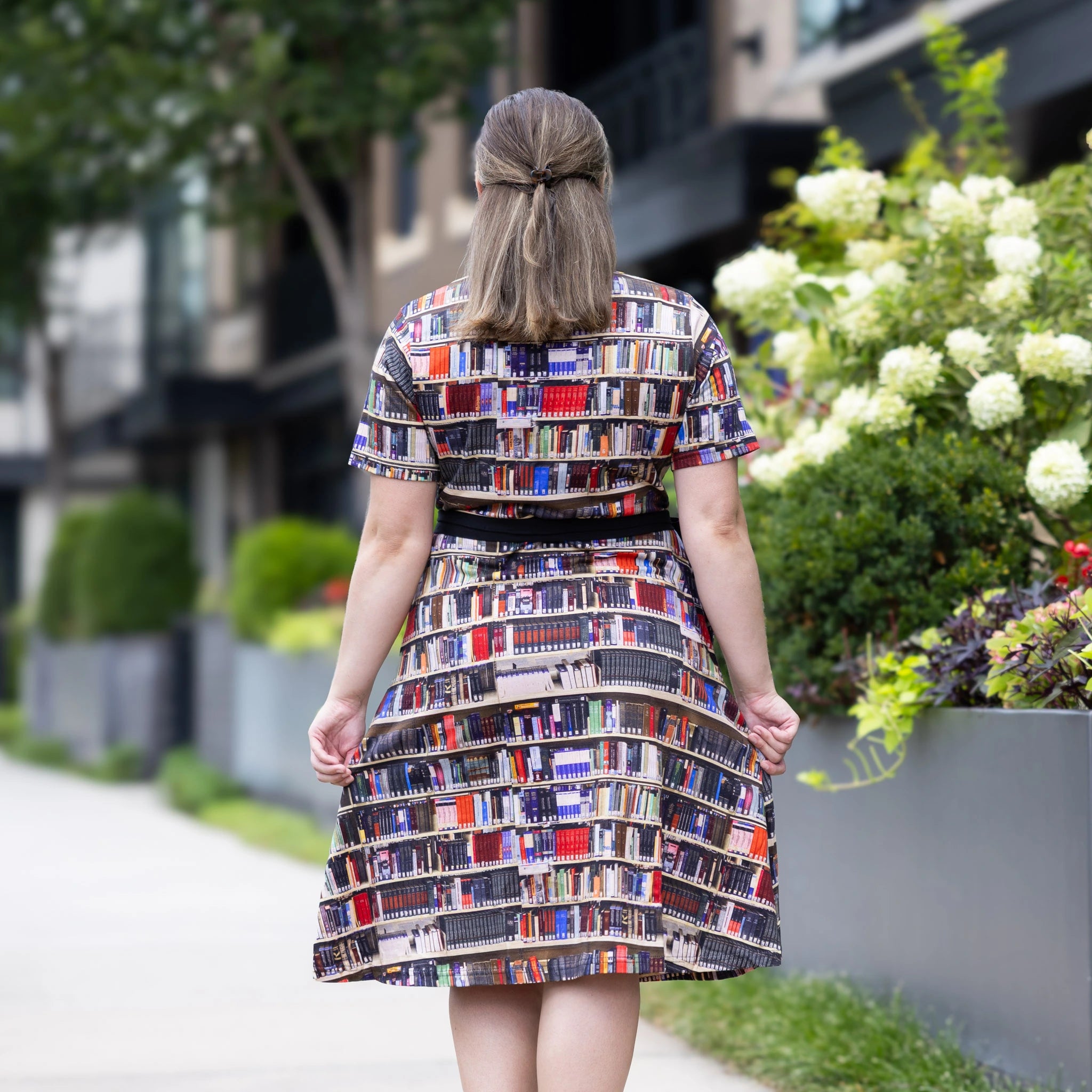 Library Shelves Belted A-Line Dress (No Waist Seam)
