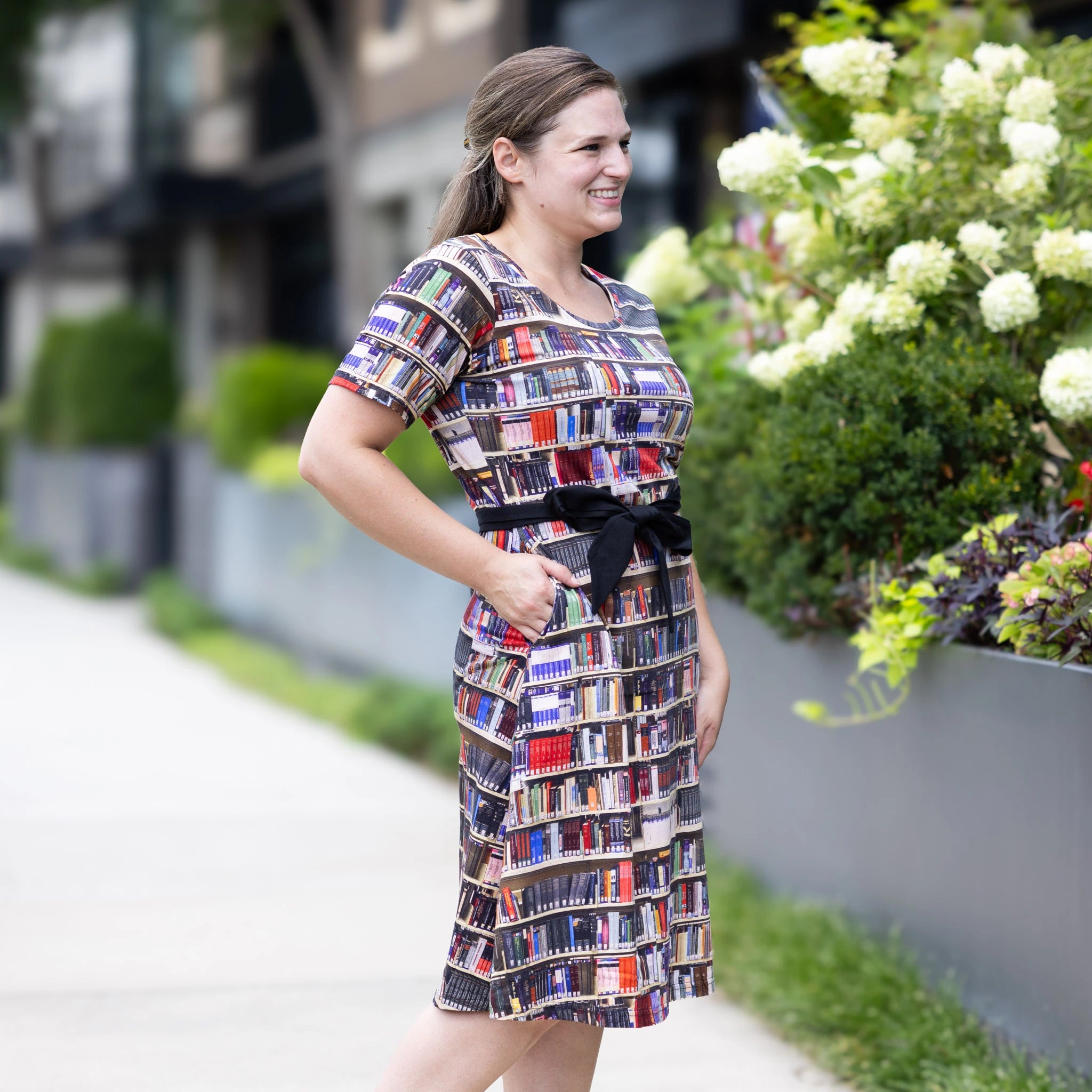 Library Shelves Belted A-Line Dress (No Waist Seam)