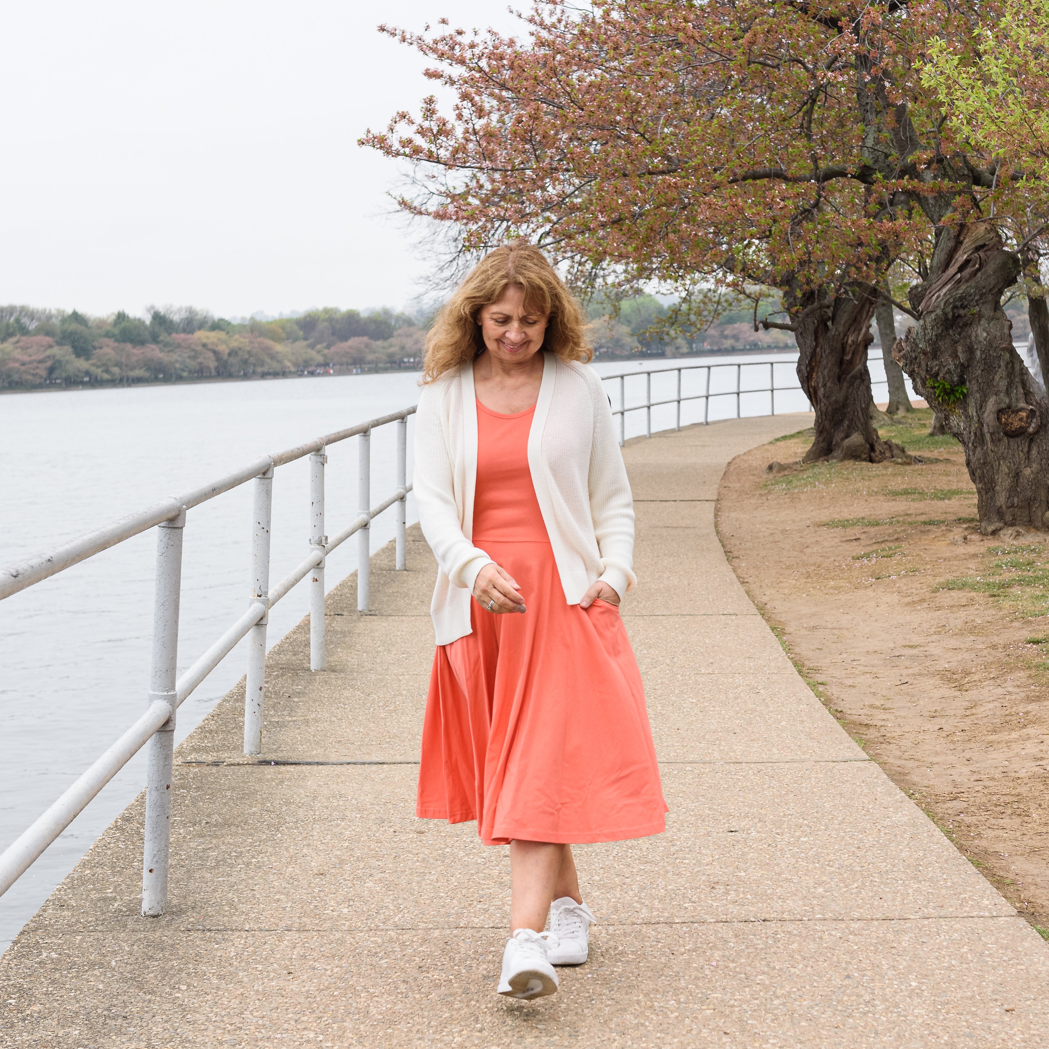 Living Coral Twirl Dress with Pockets