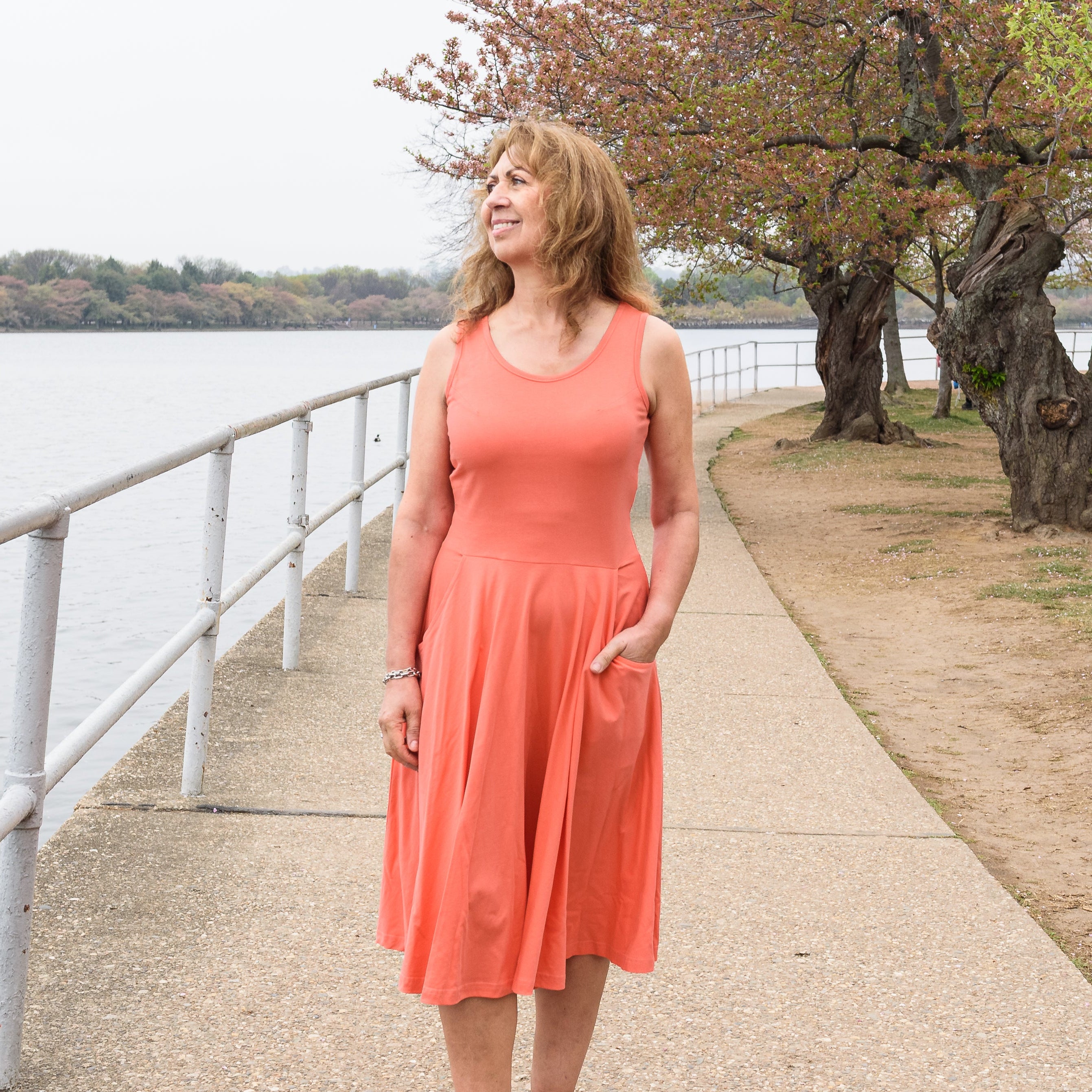 Living Coral Twirl Dress with Pockets