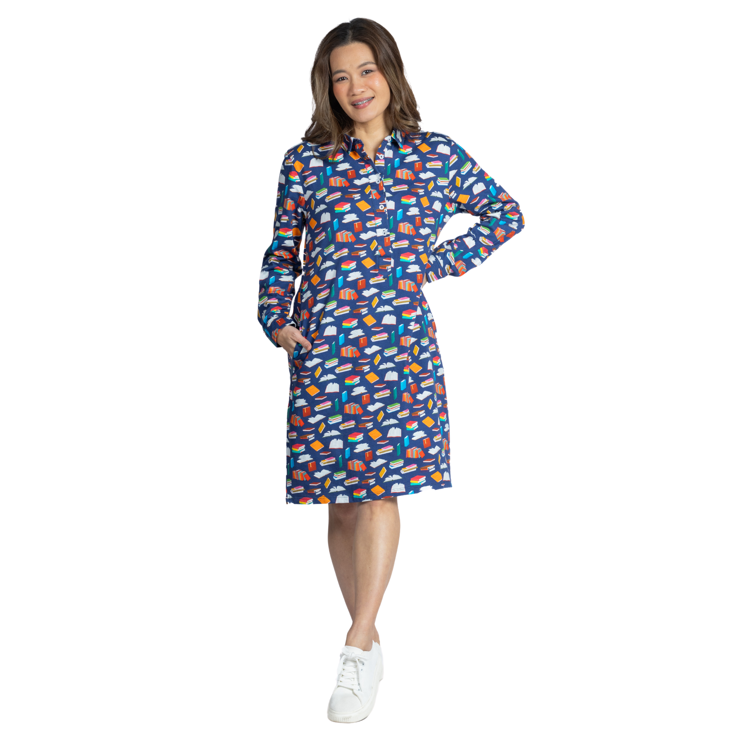 Magical Books Long Sleeve Button-Up Dress