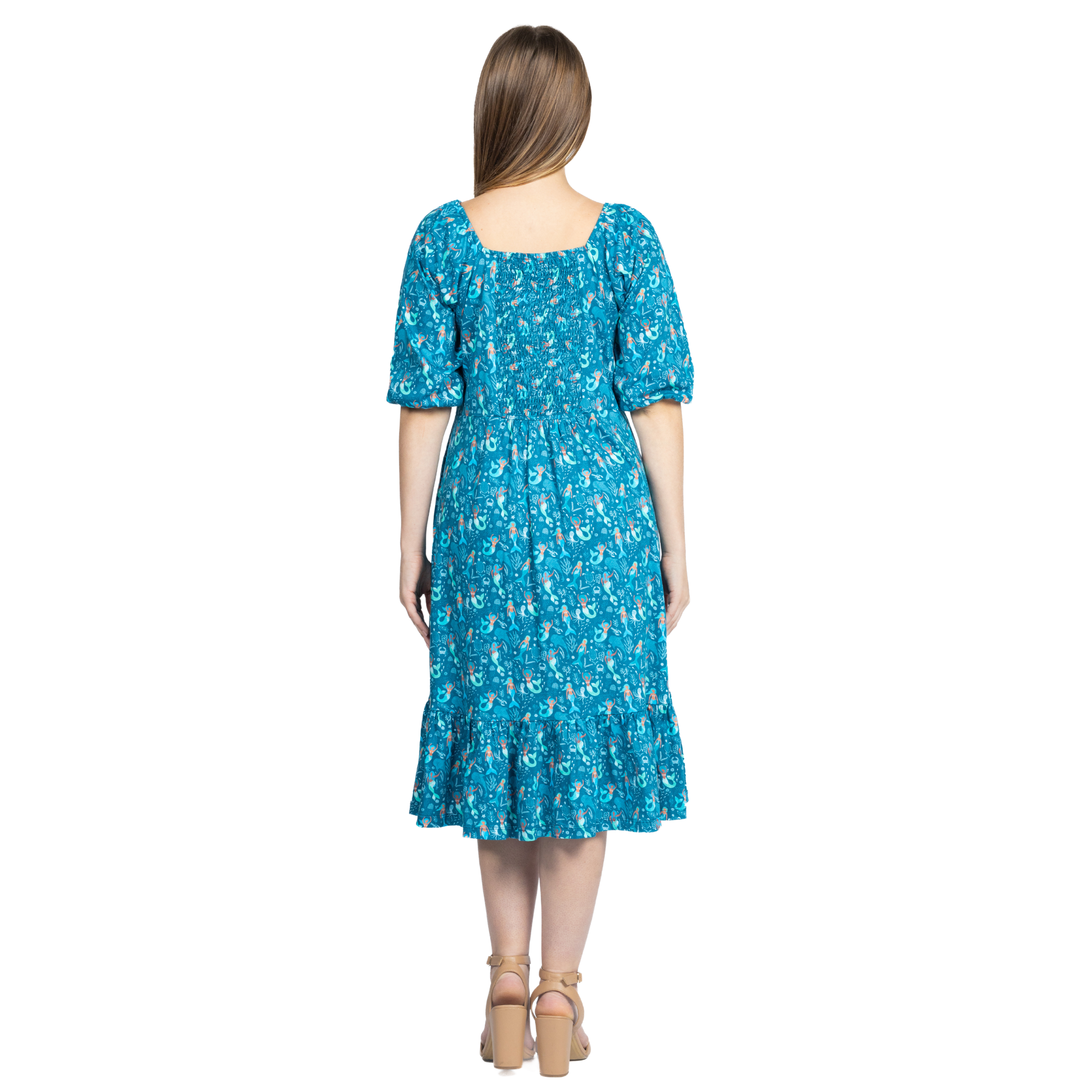 Mermaid Elastic Puff-Sleeve Dress with Frill