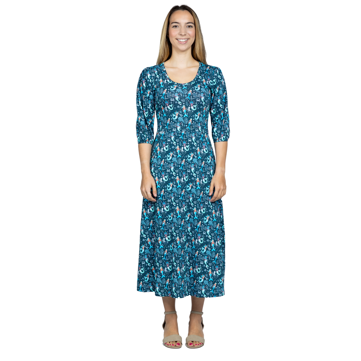 Mermaids 3/4th Sleeves Midi Dress Svaha USA Xs