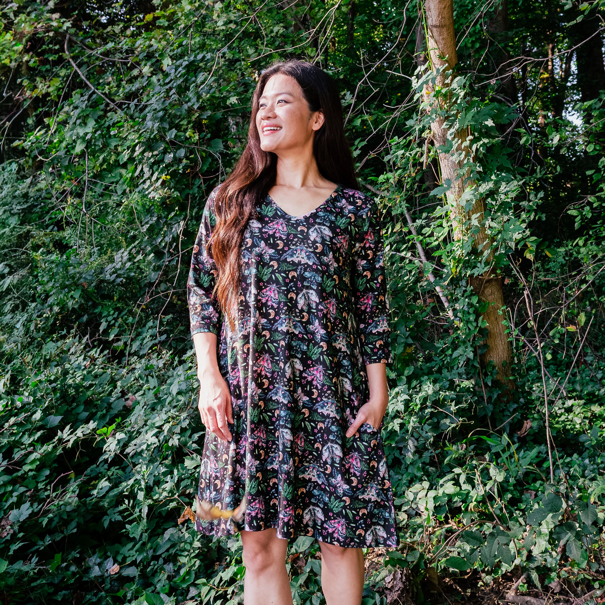 Midnight Forest Moths Long Tunic with Pockets
