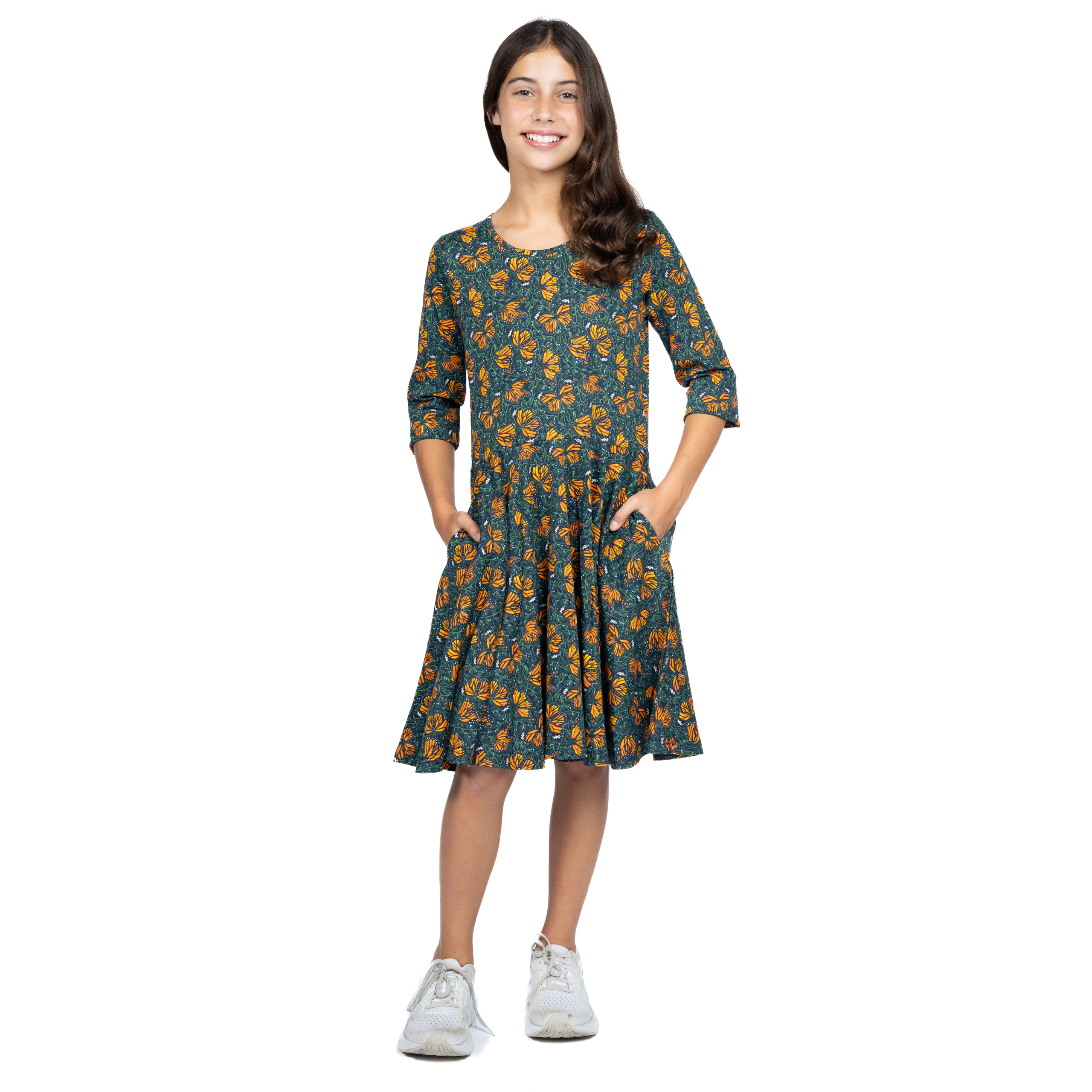 Monarch Butterflies 3/4th Sleeves Kids Twirl Dress