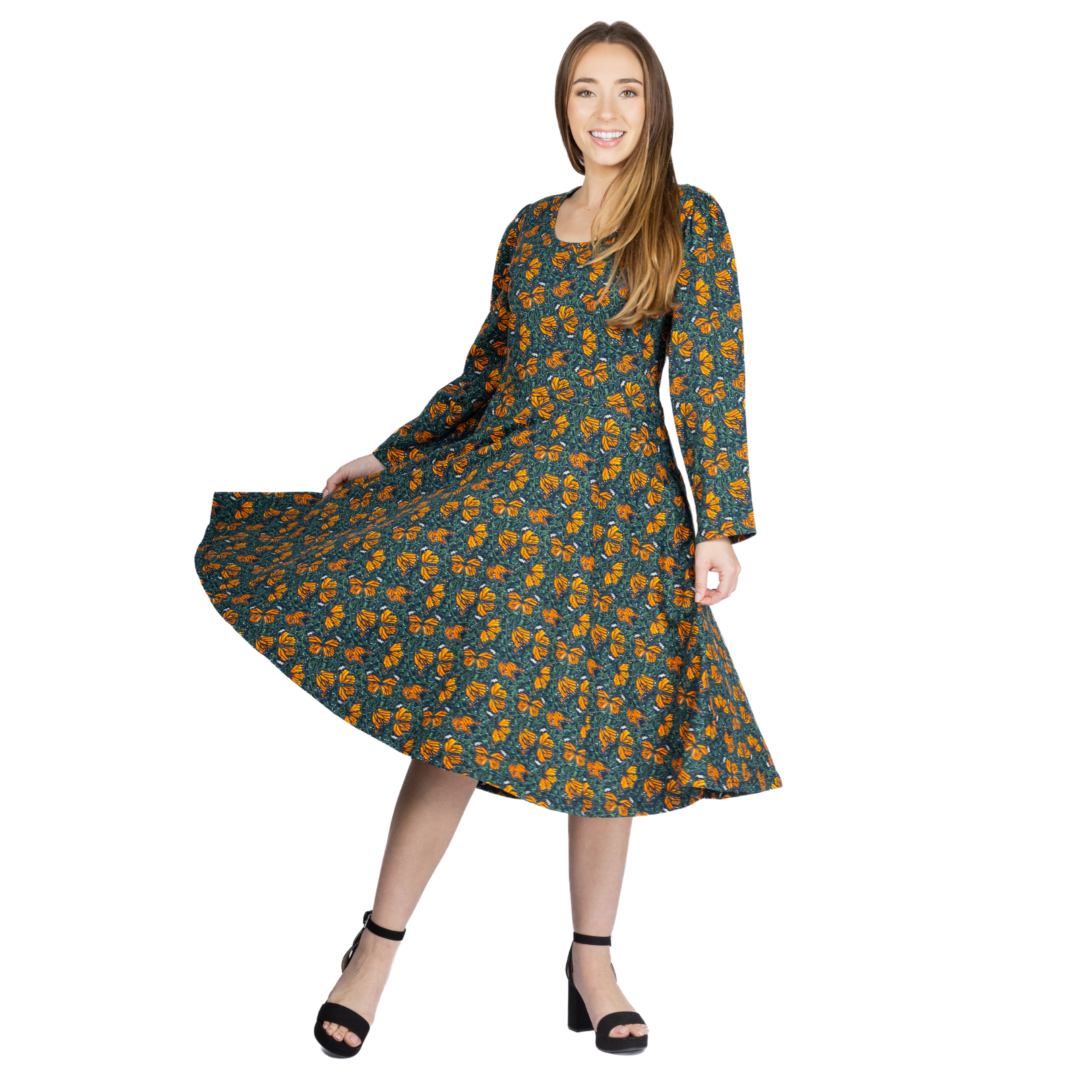 Monarch Butterflies Long Sleeve Twirl Dress