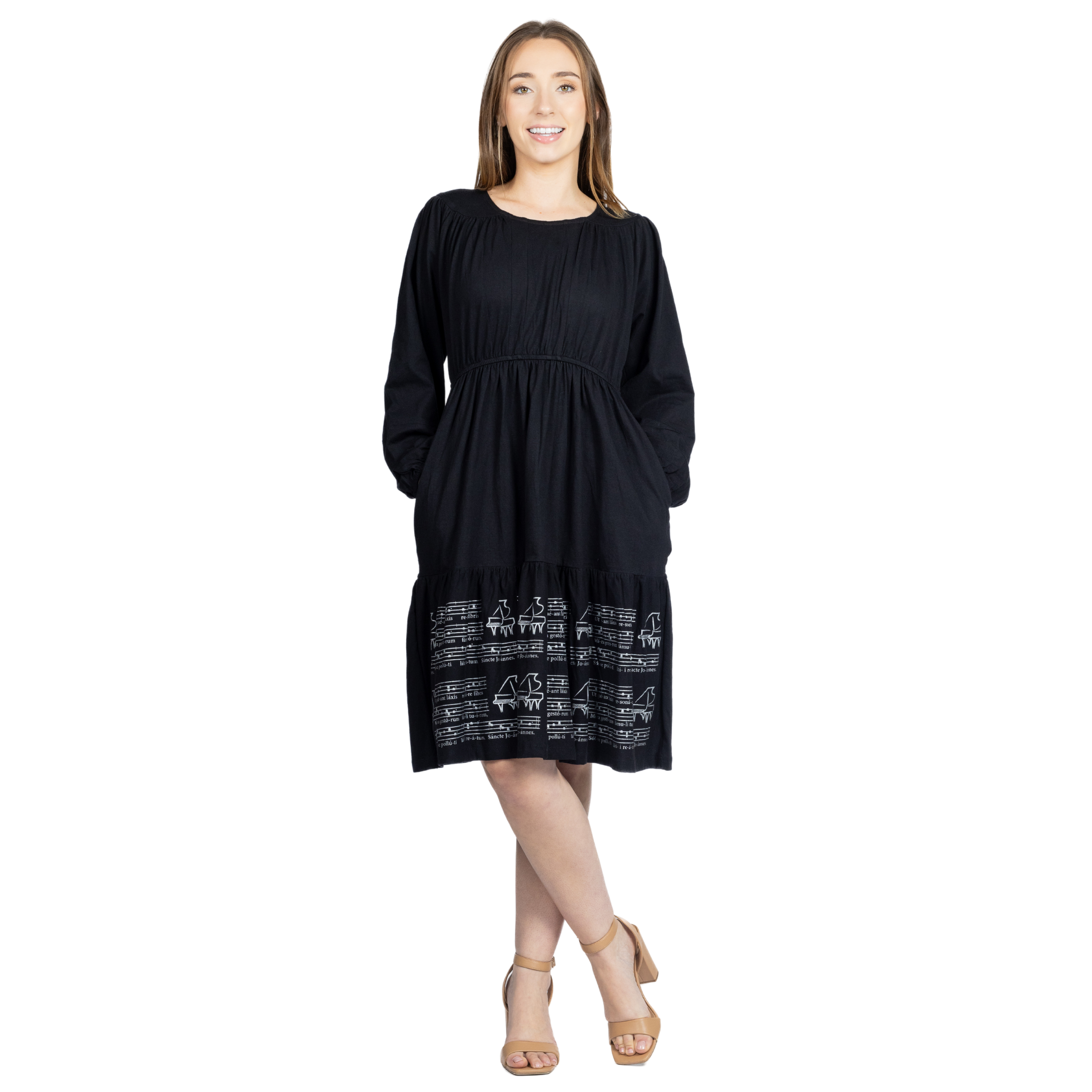 Musical Sheet Long Sleeve Dress (With Waist Seam)