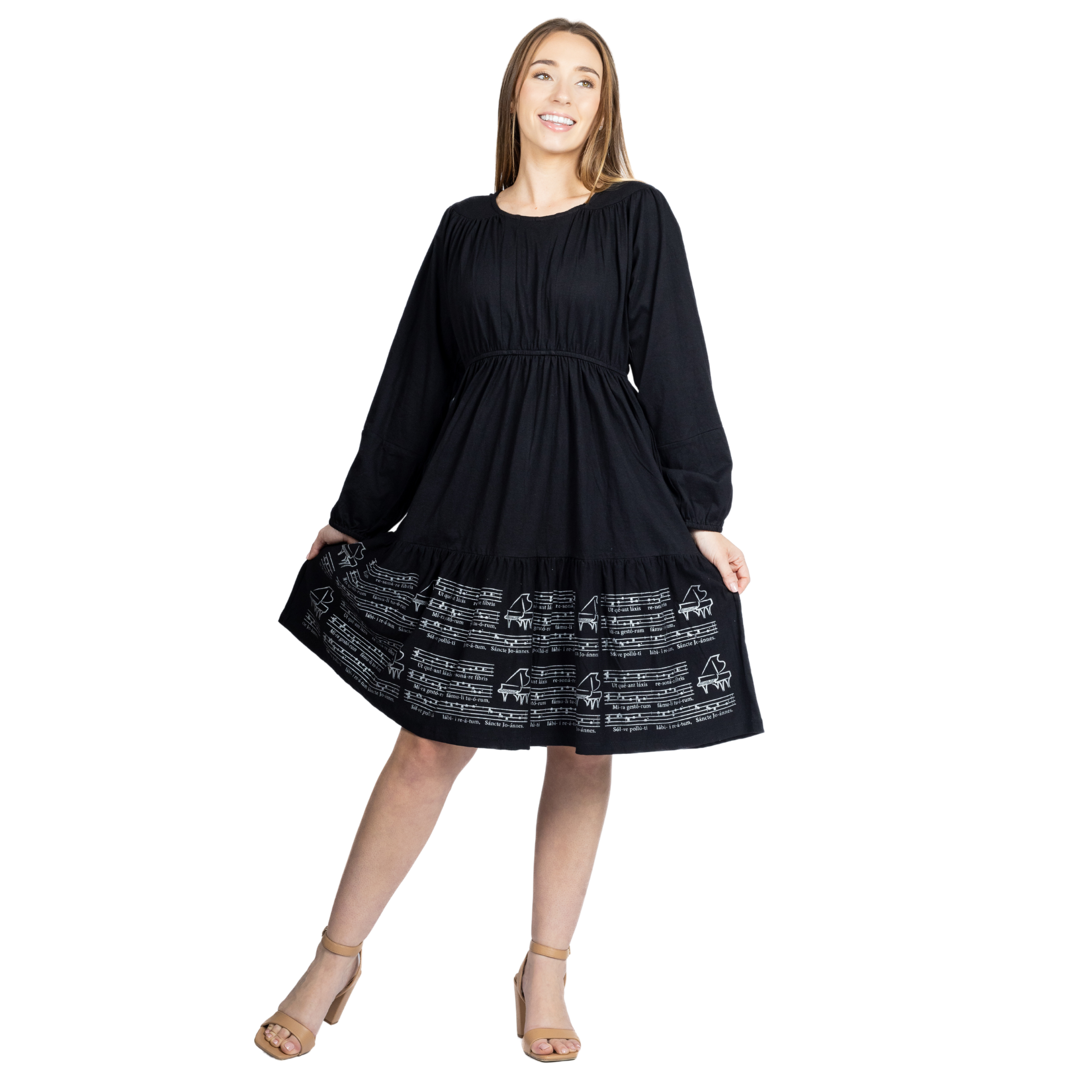 Musical Sheet Long Sleeve Dress (With Waist Seam)