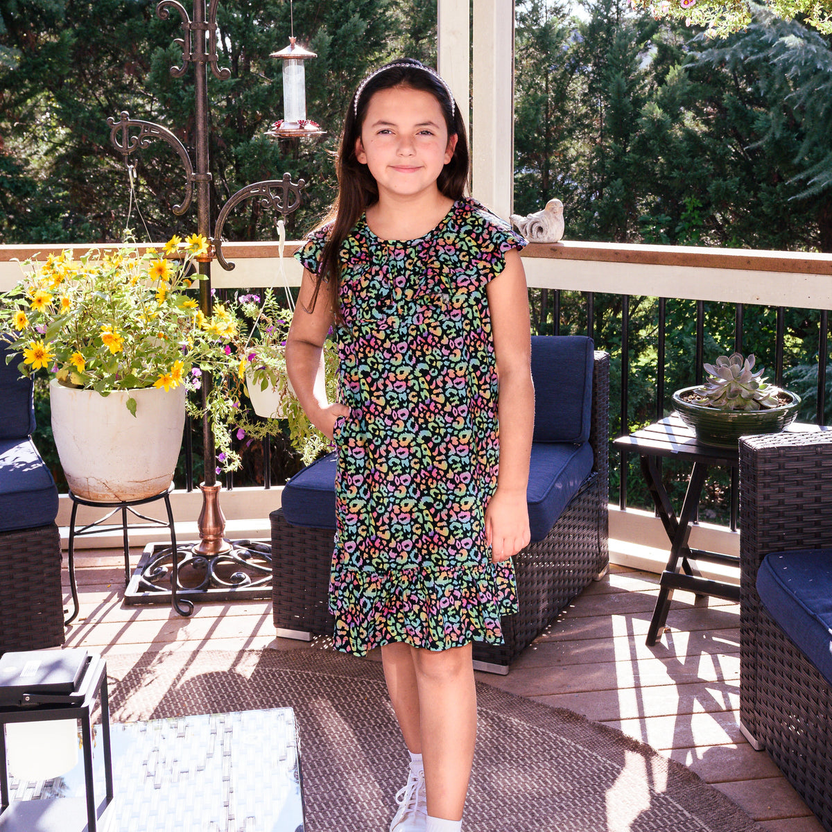 Neon Leopard Ruffle-Front Kids Dress with Pockets