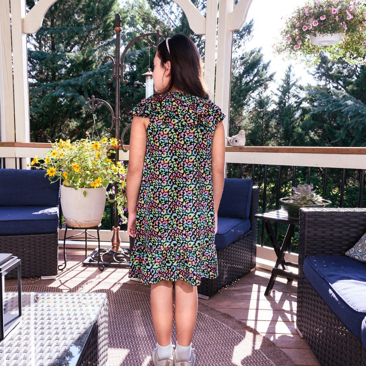 Neon Leopard Ruffle-Front Kids Dress with Pockets