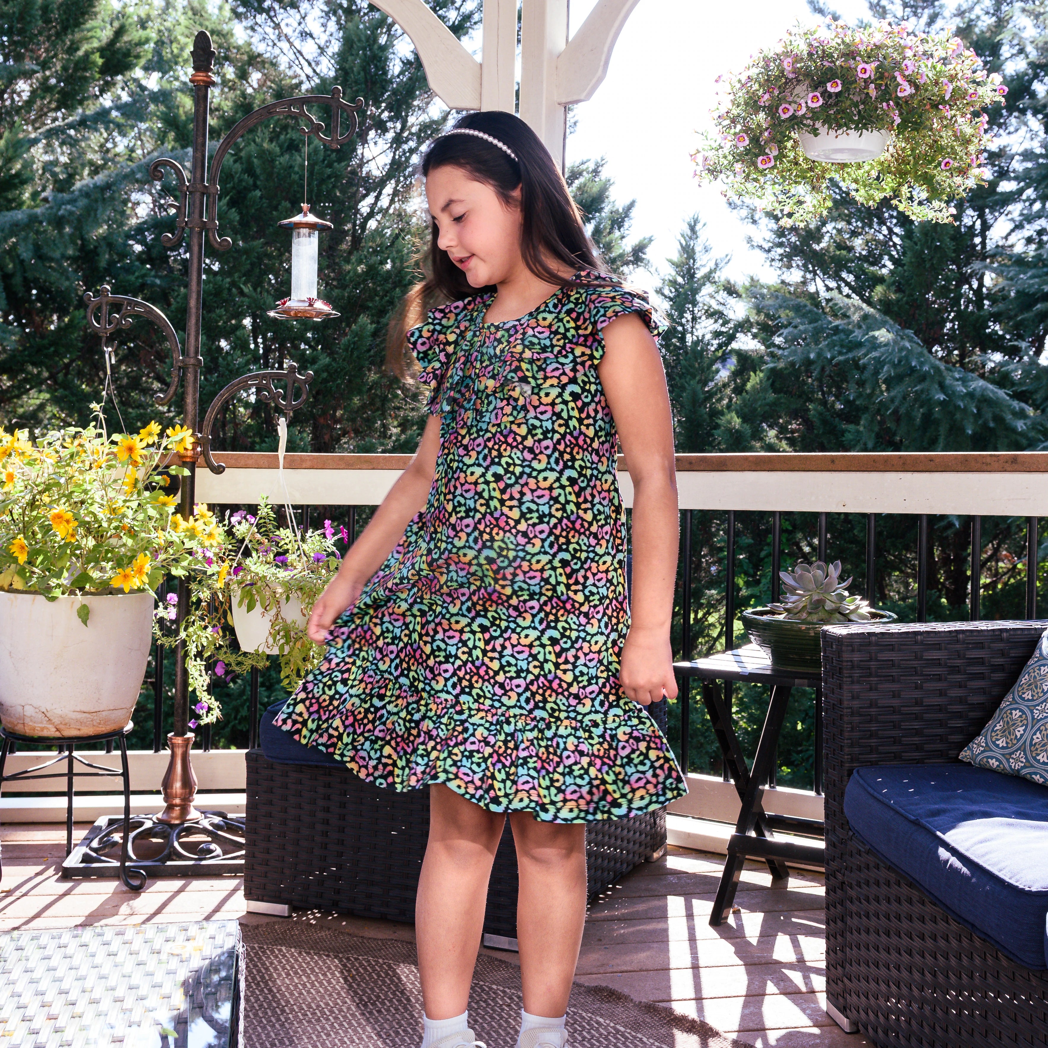Neon Leopard Ruffle-Front Kids Dress with Pockets