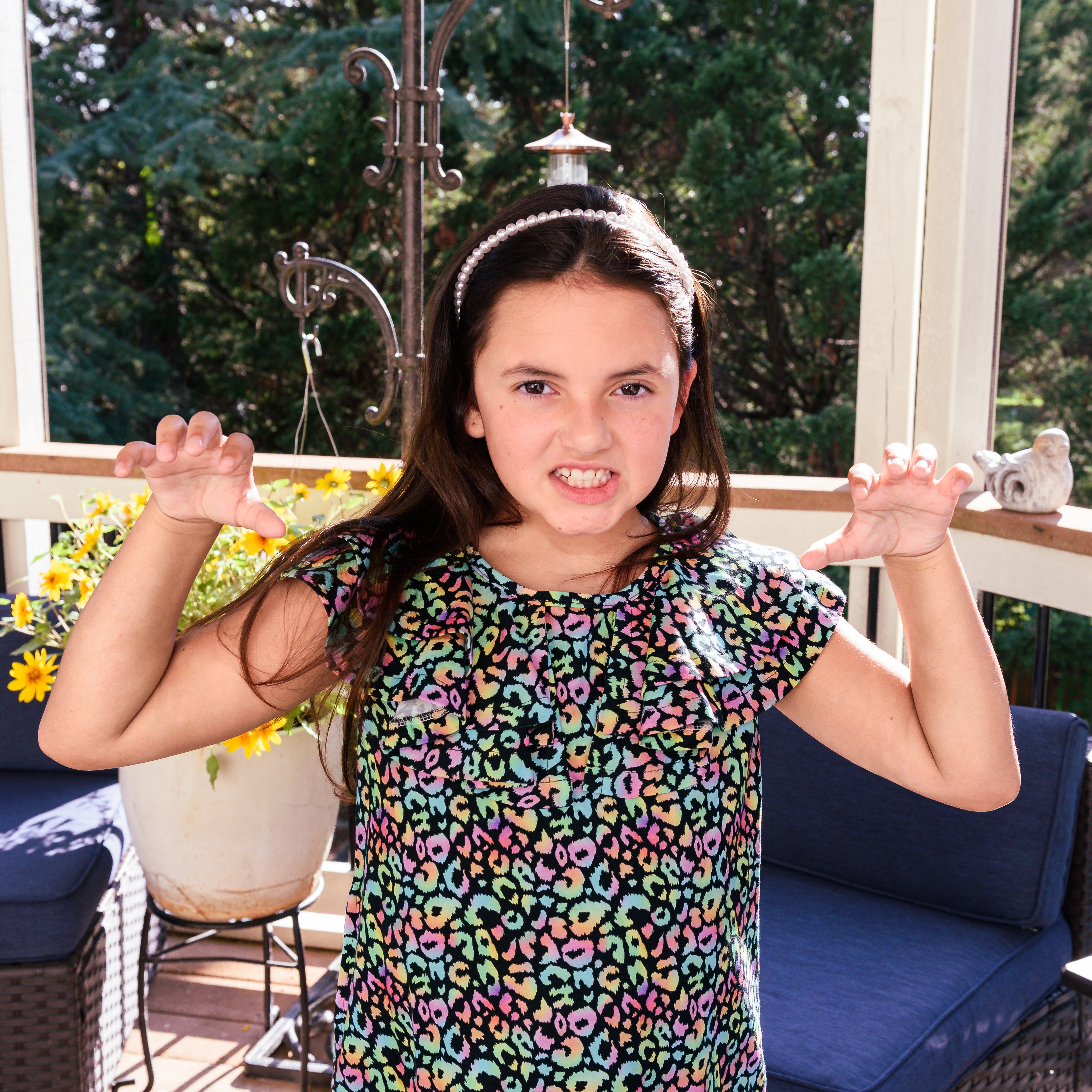 Neon Leopard Ruffle-Front Kids Dress with Pockets