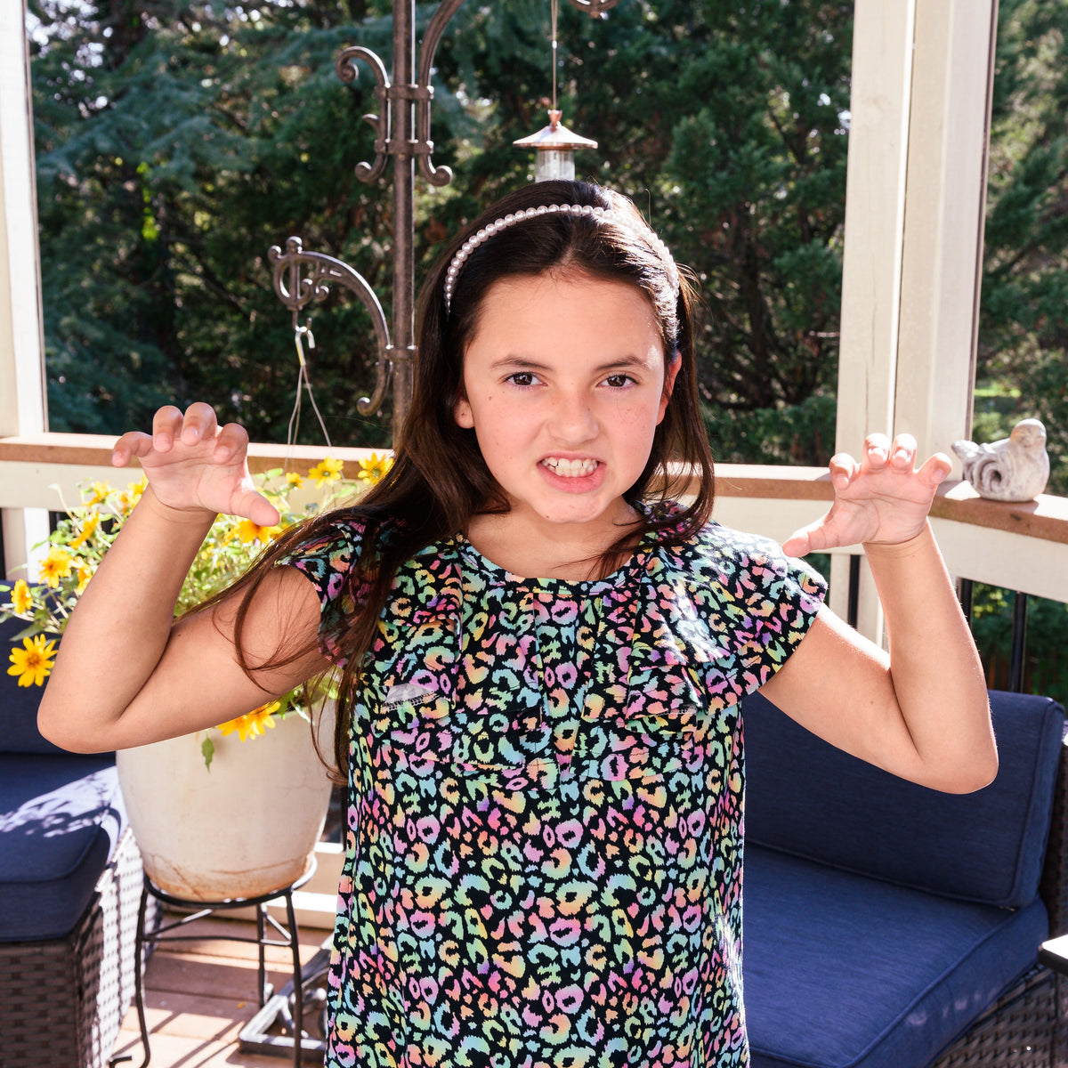 Neon Leopard Ruffle-Front Kids Dress with Pockets