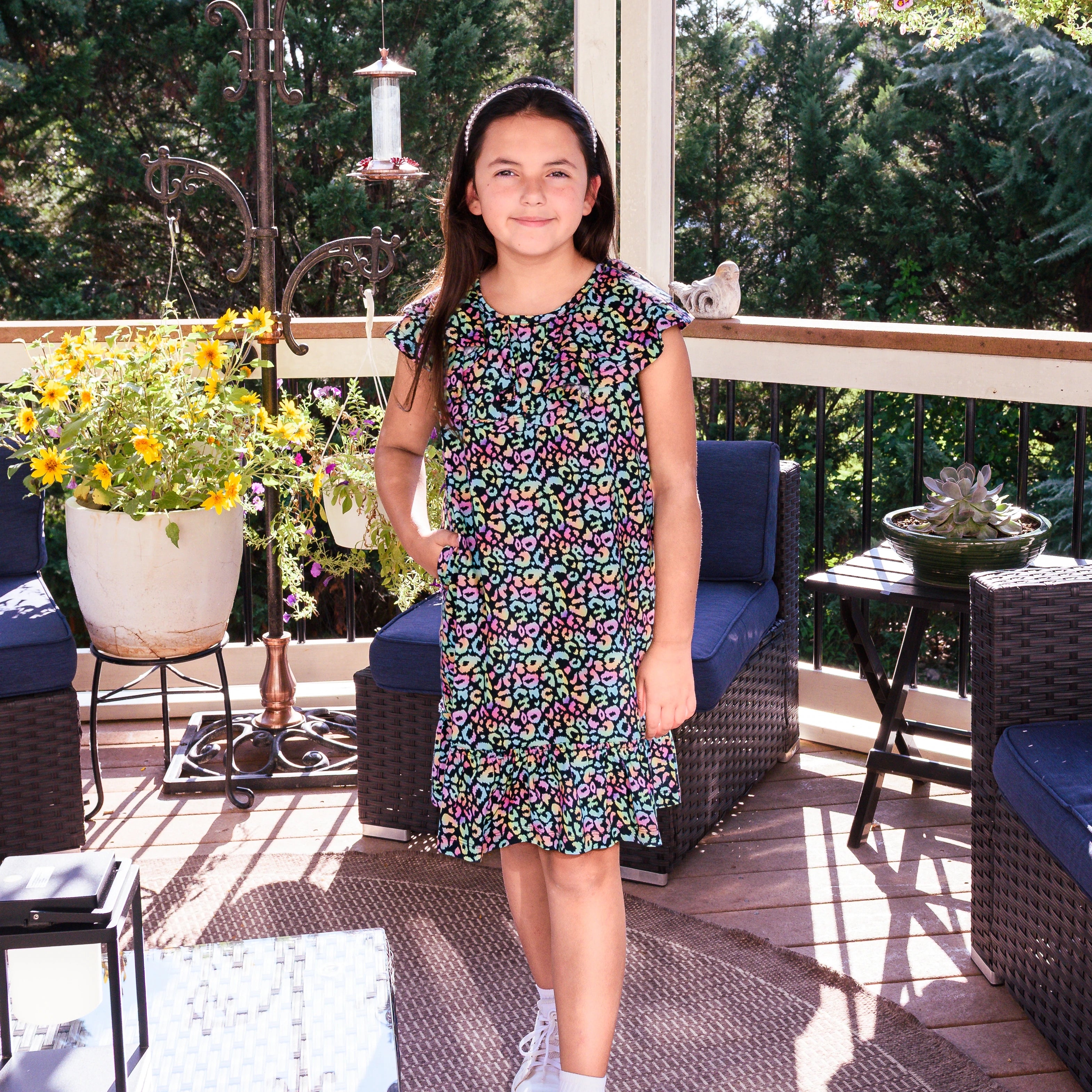 Neon Leopard Ruffle-Front Kids Dress with Pockets