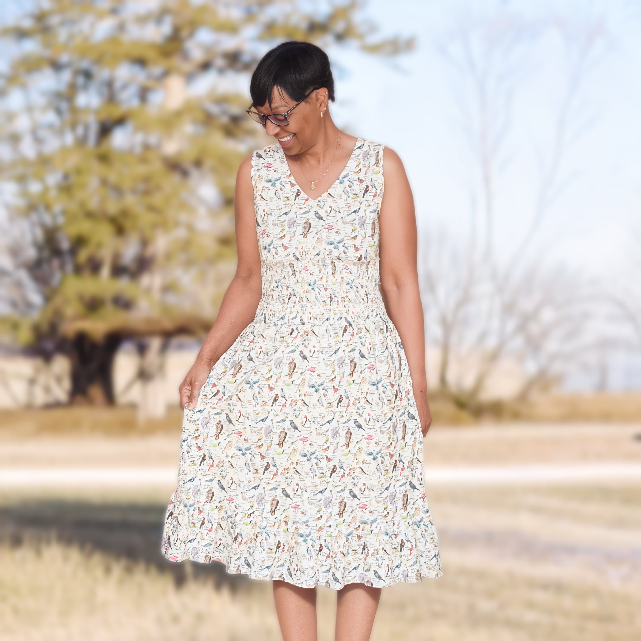 North American Birds Sleeveless Smocked Waist Dress