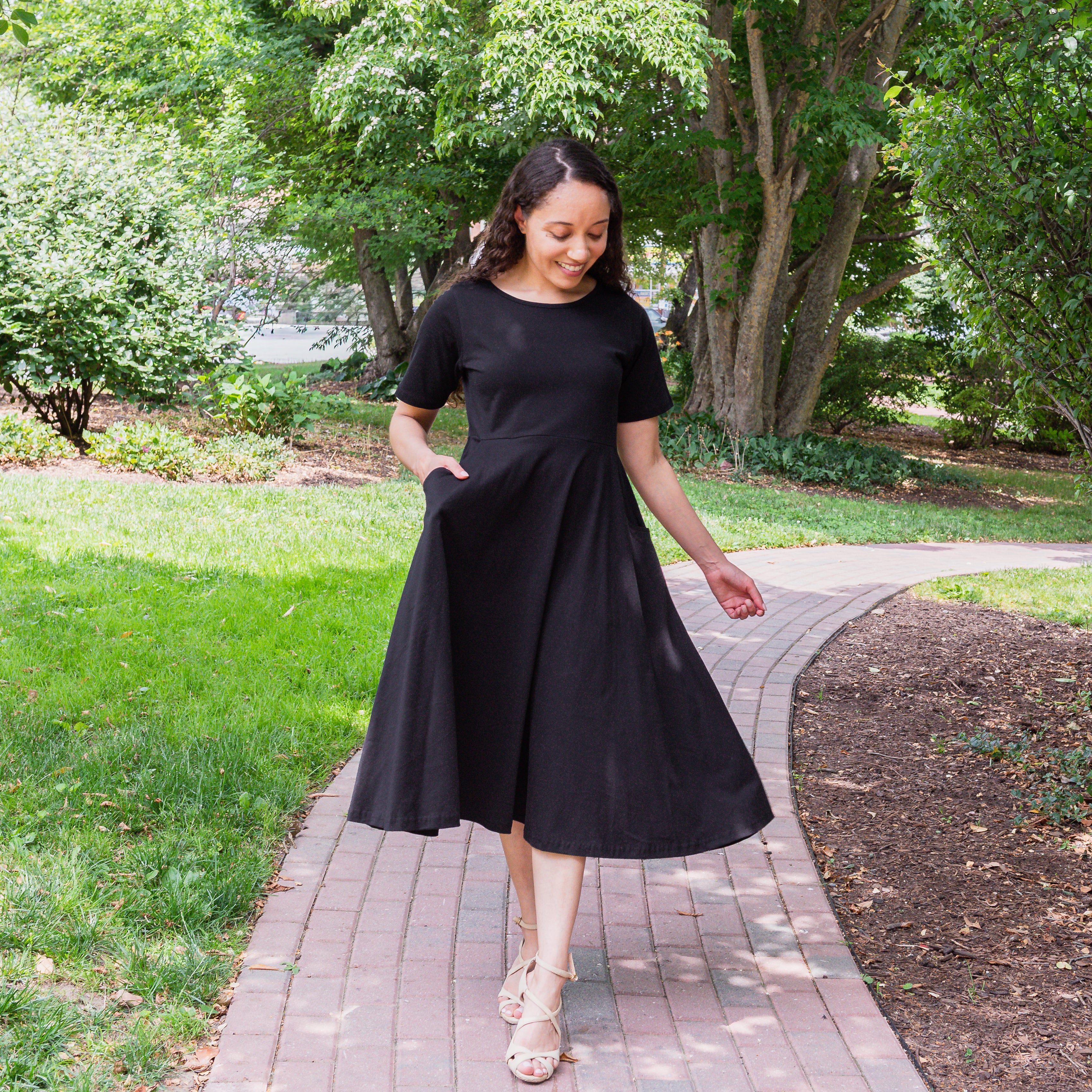 Onyx Black Petite Midi Twirl Dress with Pockets