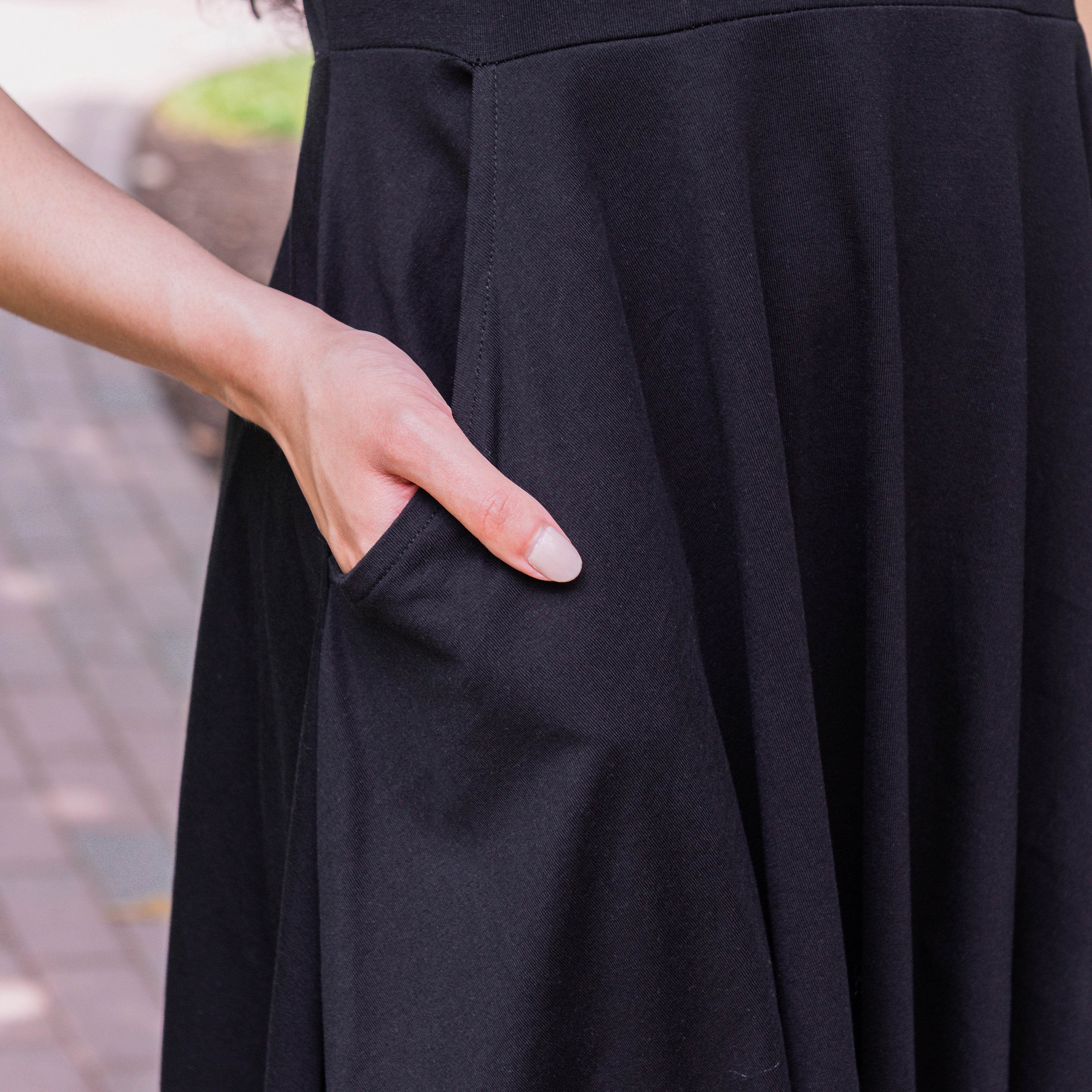 Onyx Black Petite Midi Twirl Dress with Pockets