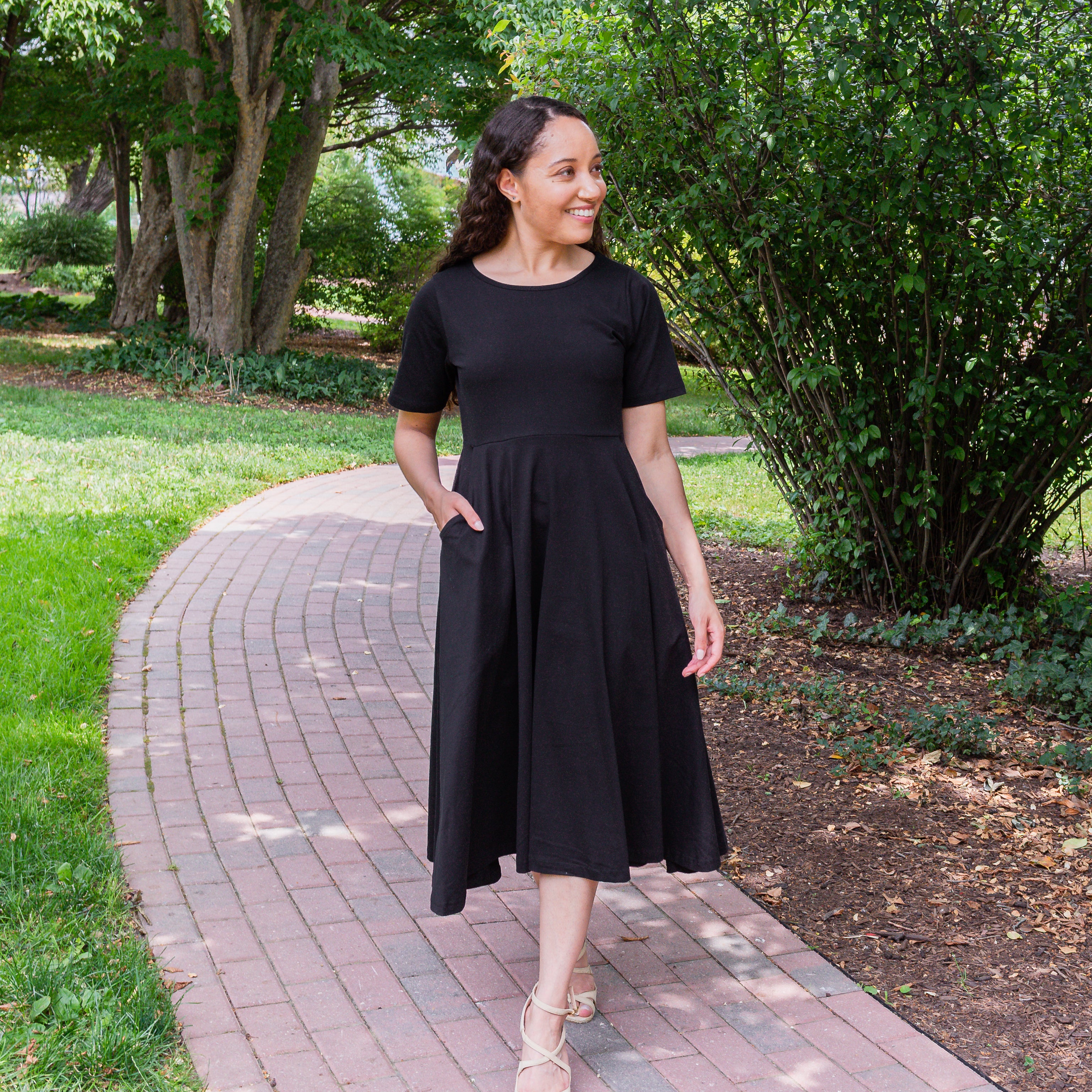 Onyx Black Petite Midi Twirl Dress with Pockets