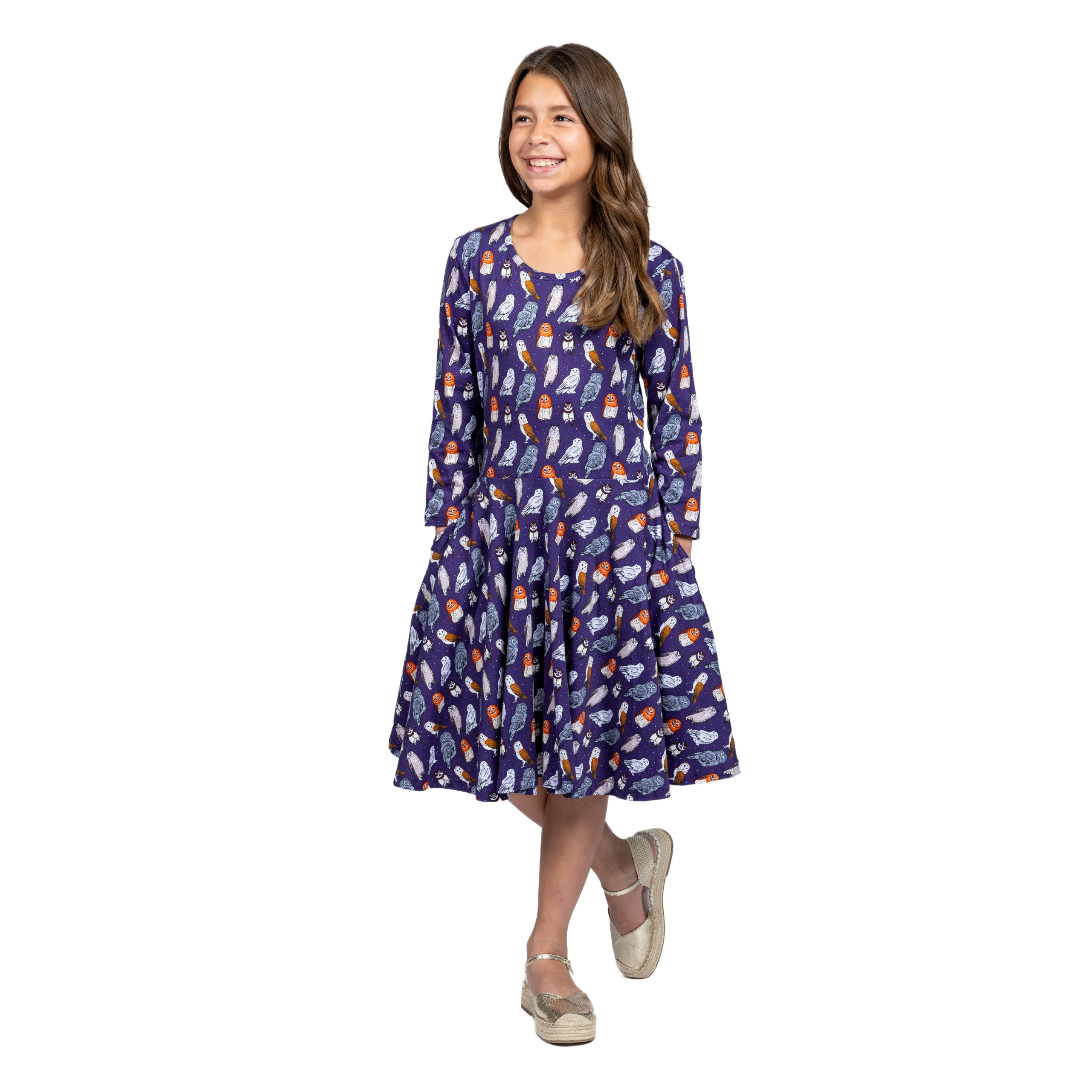 Owls 3/4th Sleeves Kids Twirl Dress